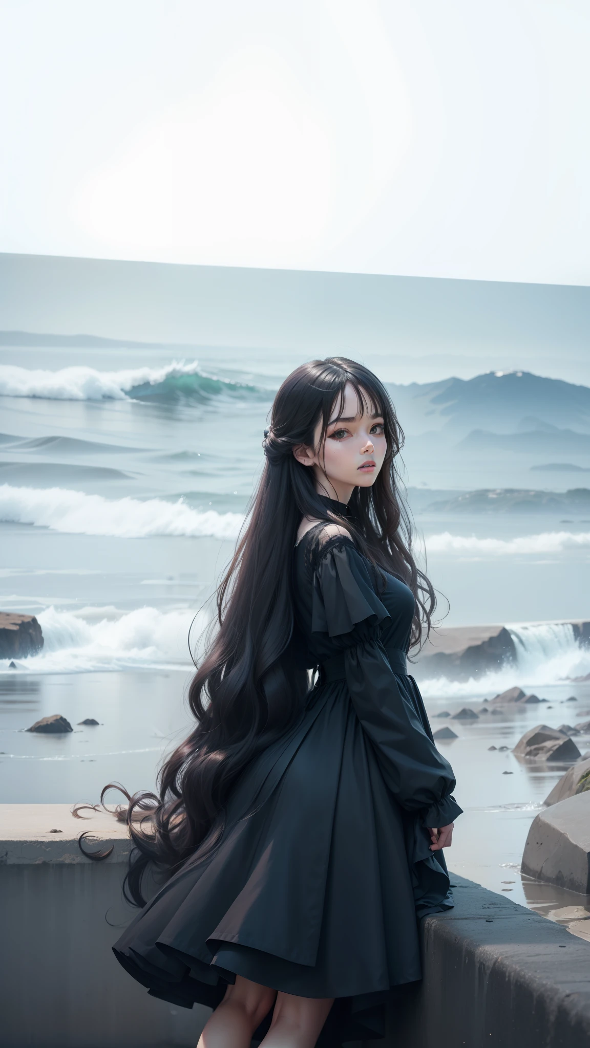 high qulity，tmasterpiece，k hd，4K，realisticlying，best qualtiy，Wear a black gauze dress，wavy and long hair