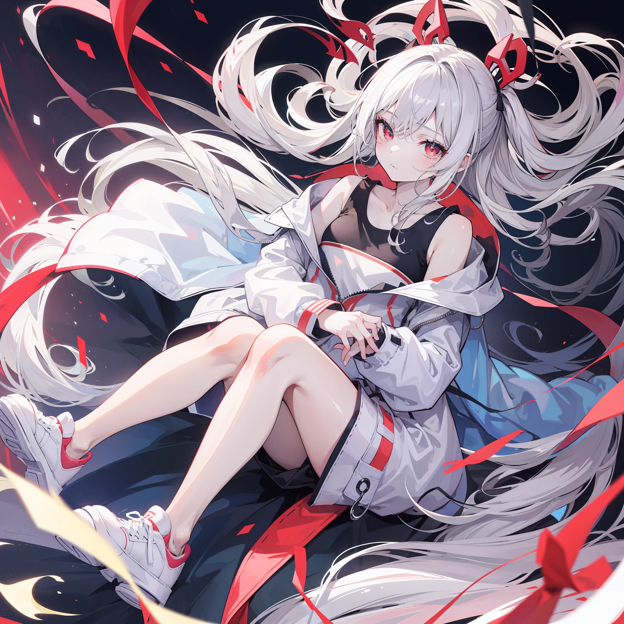 (Super detail, Best quality,Textured skin,hyper HD,16k,巨作,style of anime,A high resolution),s girl,silber hair,red pupils,Close one eye,Very long hair,Messy hair,hooding,White coat,flatchest,black tanktop,gloom (expression),Short white dress,White sneakers