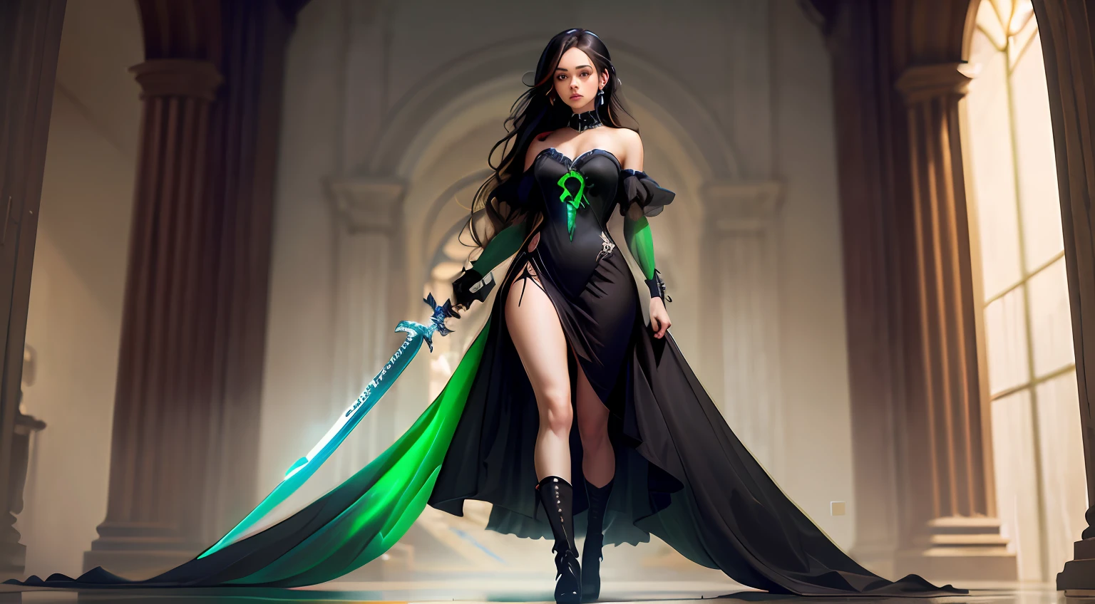 vista frontal de corpo inteiro menina bonita com pele clara, longos cabelos escuros e olhos verdes usando um vestido completamente preto com um corte que mostra toda a sua coxa esquerda segurando duas espadas com um veneno verde em suas pontas --auto