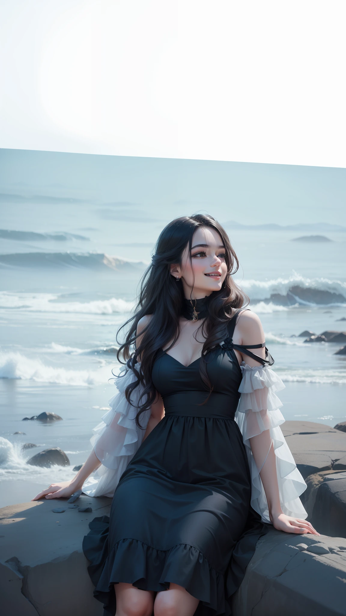 high qulity,tmasterpiece,k hd,4K,realisticlying,best qualtiy,Wear a black gauze dress,wavy and long hair,RAW photogr,Delicate side face,grin