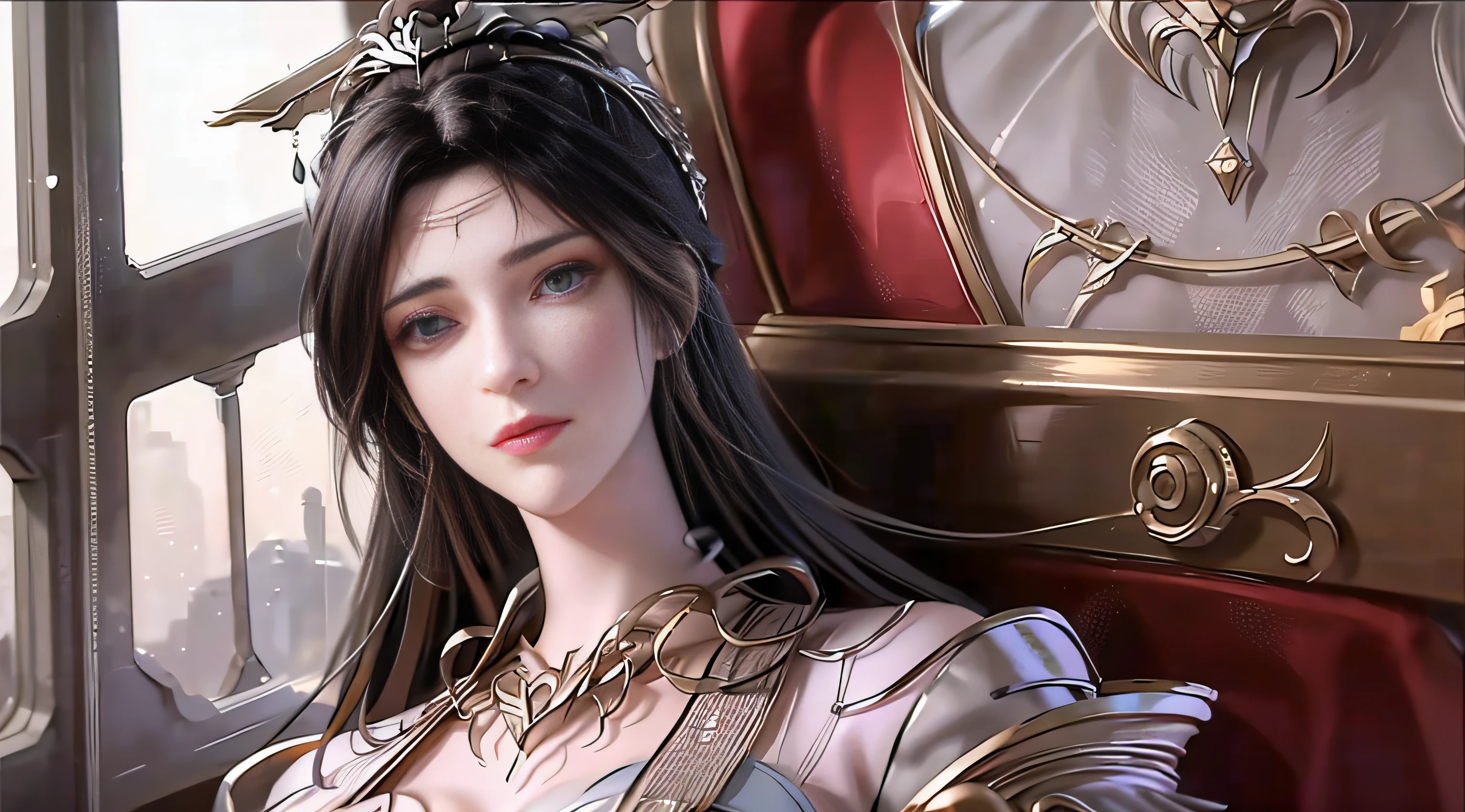 best qualtiy,tmasterpiece,Extremely Delicately Beautiful,The is very detailed,CG,unified,8k wallpaper,Beautiful Meticulous Girl,(very vey very detailed face), 1girll,独奏,full bodyesbian,Stand in a gorgeous room,Wearing a long red dress,huge tit