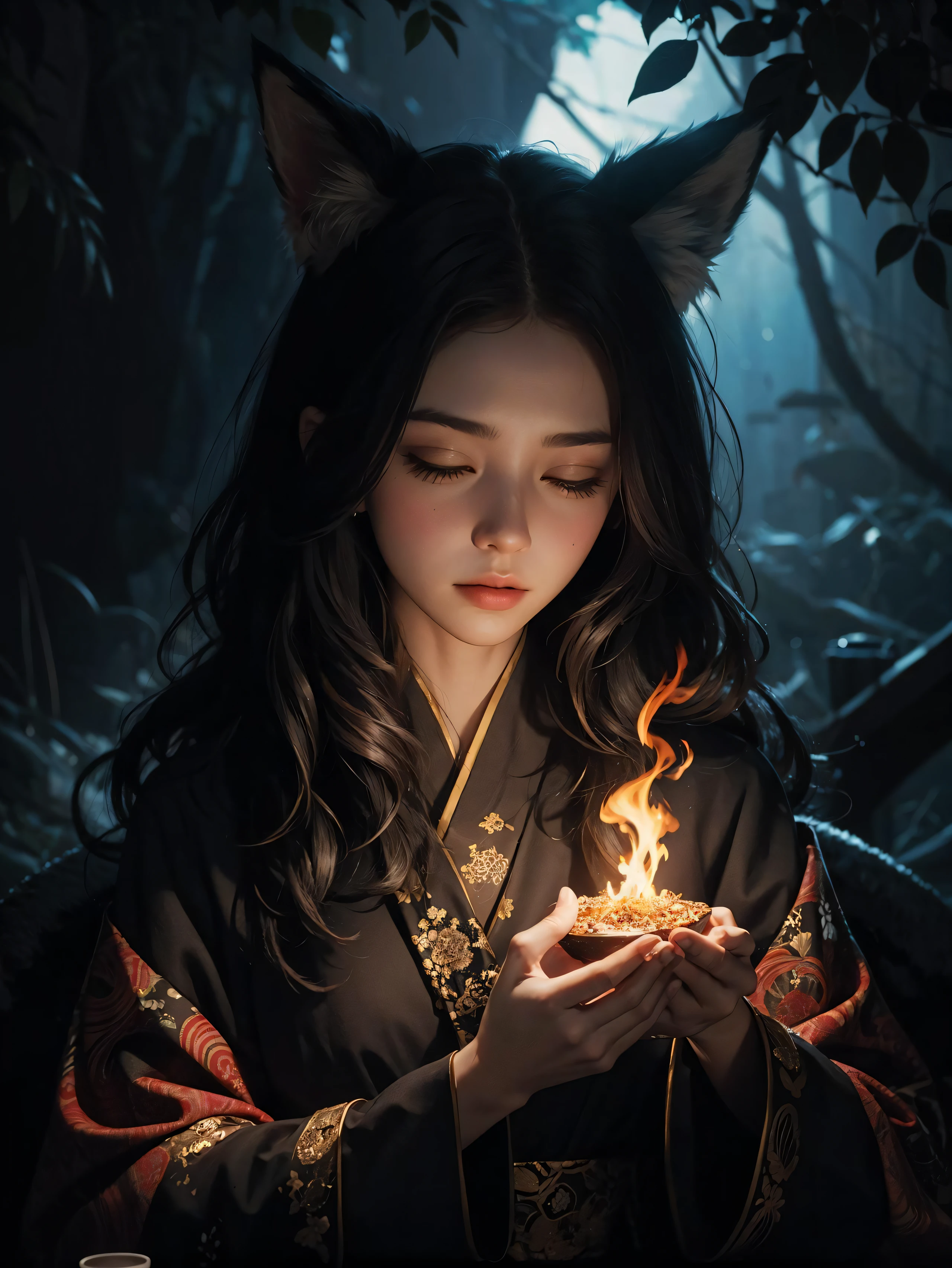 1girl, solo, official art, unity 8k wallpaper, ultra detailed, beautiful and aesthetic, masterpiece, best quality, photorealistic, Kitsune witch, fox mask, haori jacket, (foxfire spell), fox familiar, transformation, depth of field, Fantastical Atmosphere, Calming Palette, Tranquil Mood, Soft Shading (zentangle, mandala, tangle, entangle:0.7) abstract background, the most beautiful form of chaos, elegant, a brutalist designed dark theme