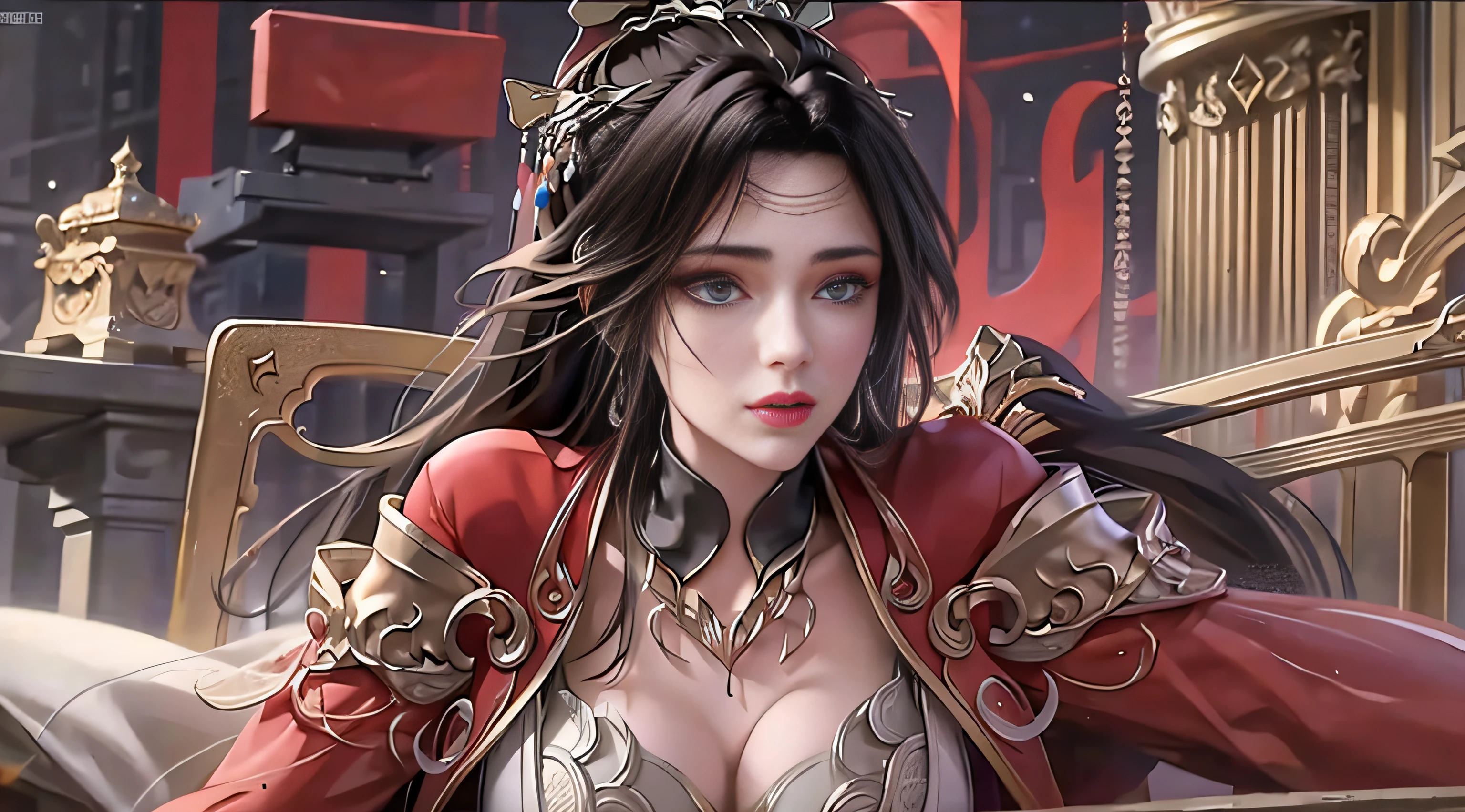 best qualtiy,tmasterpiece,Extremely Delicately Beautiful,The is very detailed,CG,unified,8k wallpaper,Beautiful Meticulous Girl,(very vey very detailed face), 1girll,独奏,full bodyesbian,Stand in a gorgeous room,Wearing a long red dress,huge tit
