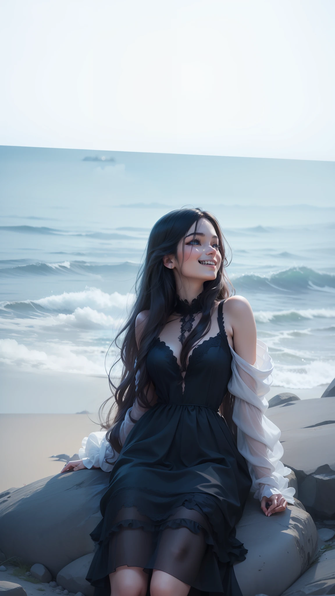 high qulity，tmasterpiece，k hd，4K，realisticlying，best qualtiy，Wear a black gauze dress，wavy and long hair，RAW photogr，Delicate side face，grin