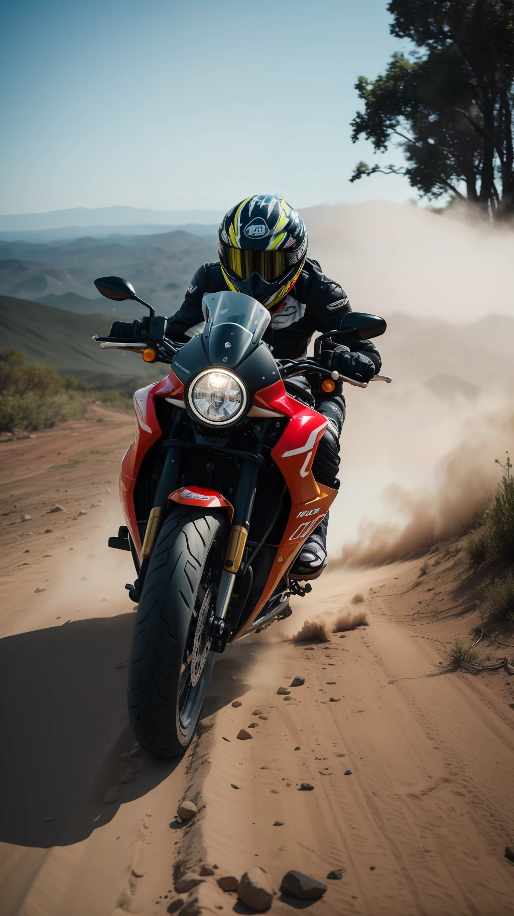 /imagine um motociclista realizando manobras ousadas com sua moto de capacete. The image captures the emotion of the moment, with a creative use of depth of field and vignette blur to add depth and focus to the subject. Rendered in an impressive 16K resolution, A foto mostra detalhes ultrarrealistas, from the metallic textures of the bike to the dust and dirt on the floor. A habilidade e a adrenalina do motociclista ficam evidentes em cada movimento, making the image a captivating representation of the world of extreme sports. Imagem de baixo para cima e fundo desfocado em primeiro plano