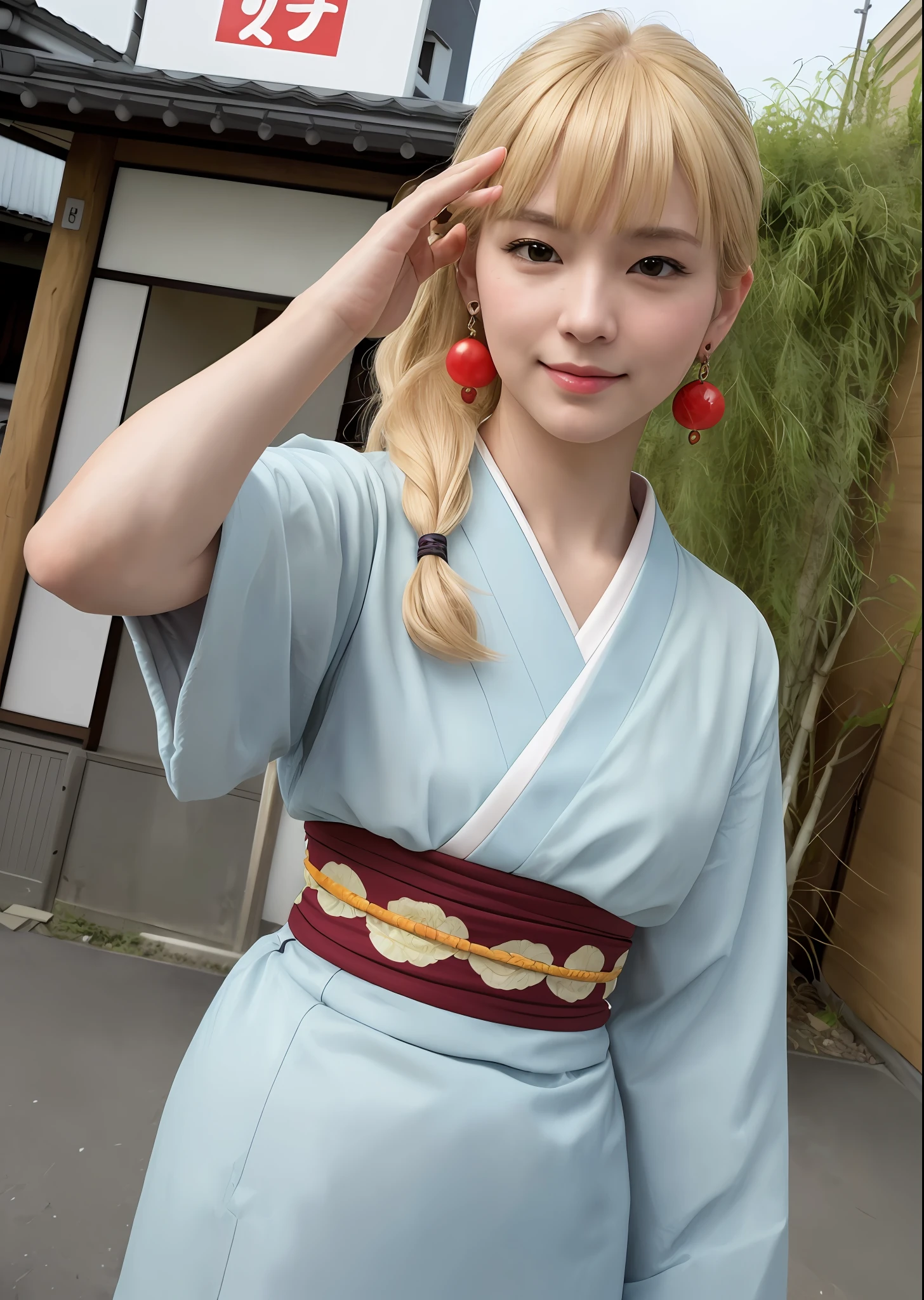 best quality, masterpiece, beautiful face with tiny lips, (photo photo-realistic:1.3), edge lighting, (high detail skin:1.2), 8k ultra hd, DSLR, high quality, high resolution, 72k, bokeh, realistic edit, realistic finger, gorgeous kimono, ((1girl), (long ponytail hair, blonde hair, front bangs), (cute face,beautiful face, simetric face, japan artist face,(earing)), (small body, short), ((park), (cute pose, selfie, wide angle))