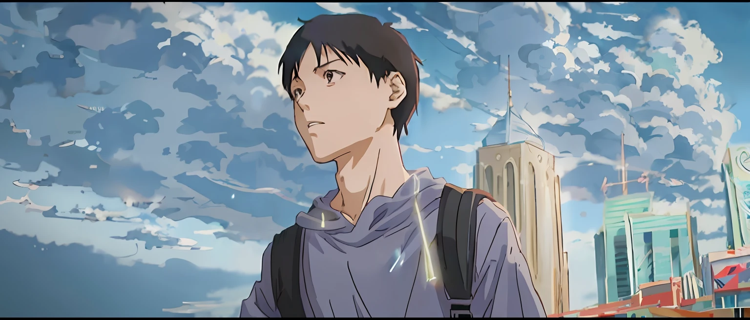 Anime characters with backpack and city background, kentaro miura manga style, kentaro miura manga art style, manga style of kentaro miura, in the anime film, Makoto shinkai style, in the style of makoto shinkai, screenshot from the anime film, makoto shinkai art style, Makoto Shinkai's style