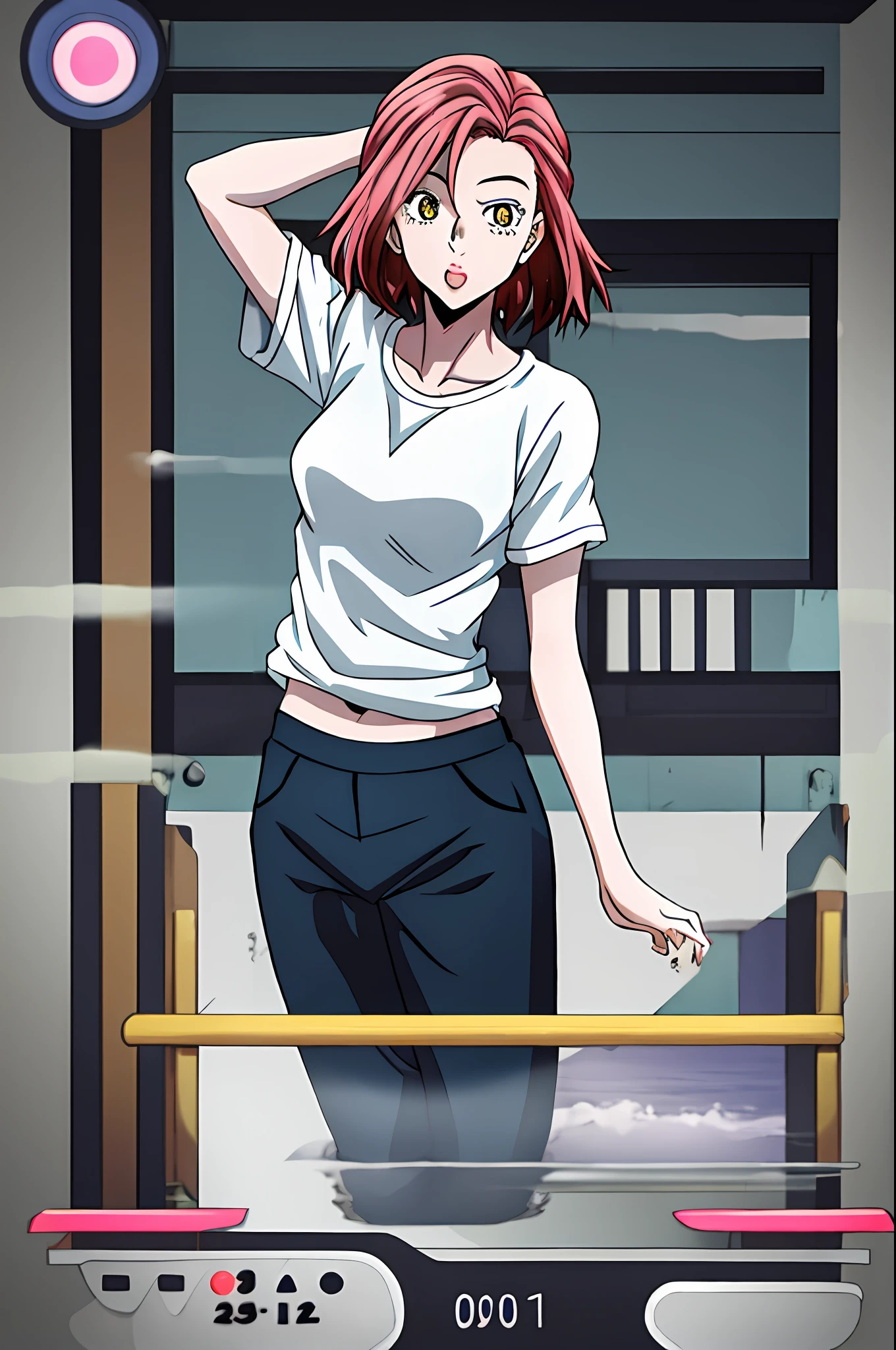 araki hirohiko（art-style），Yellow and white T-shirt（tidal current），Raised sexy，It's kind of cute，Black pupils，Black hair，Pink hair card，Silver gray sweatpants，Medium-sized breasts，English modern style building，Ultra high quality，It's a bit cute，prette，A girl