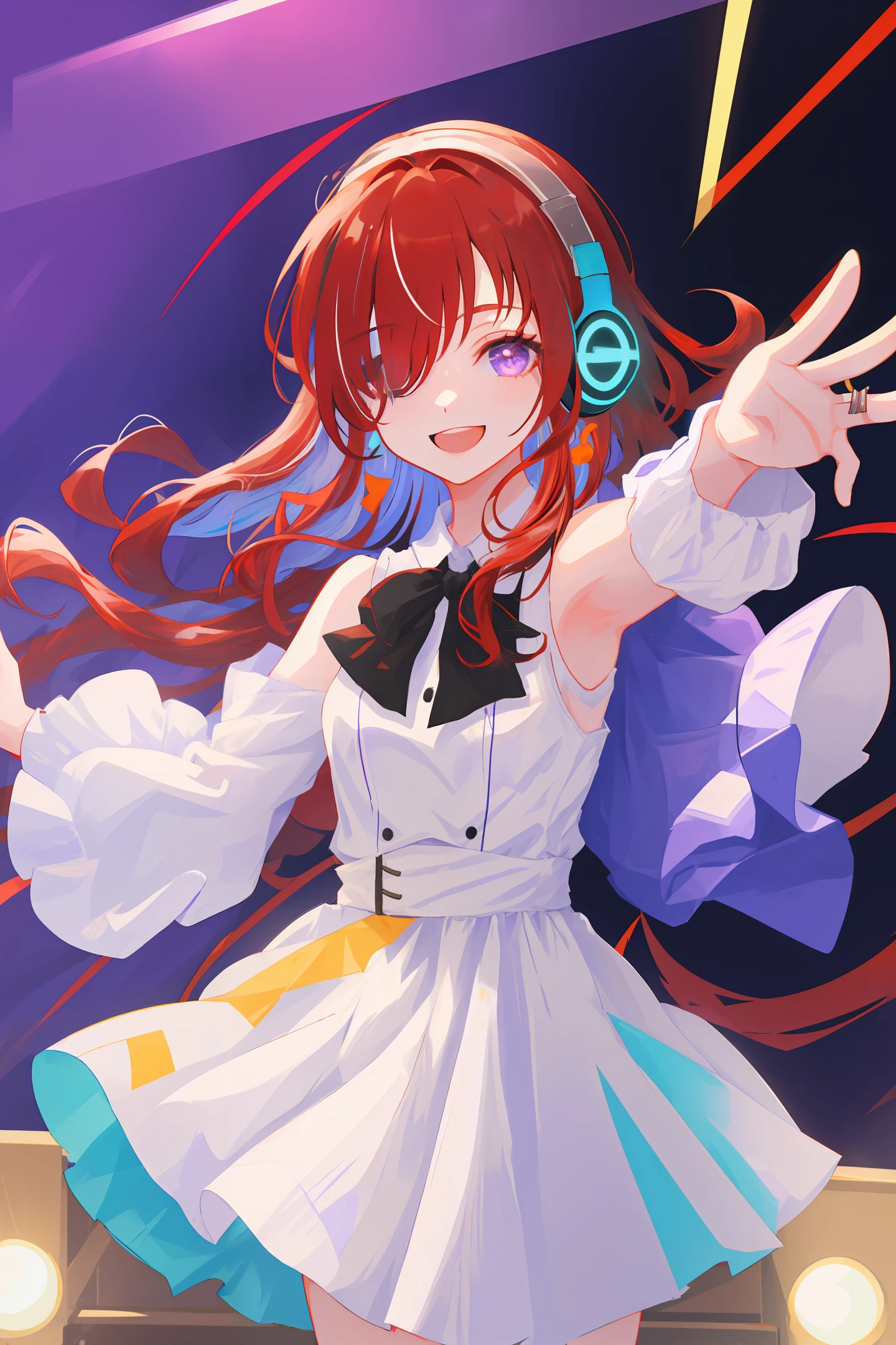 masterpiece, best quality, highres, 1girl, split-color hair, hair over one eye, red hair, multicolored hair, long hair, purple eyes, hair rings, white dress, headphones, white hair, black ribbon, bangs, sleeveless, medium breasts, cowboy shot, on the stage, smile, reaching out, holding microphone,