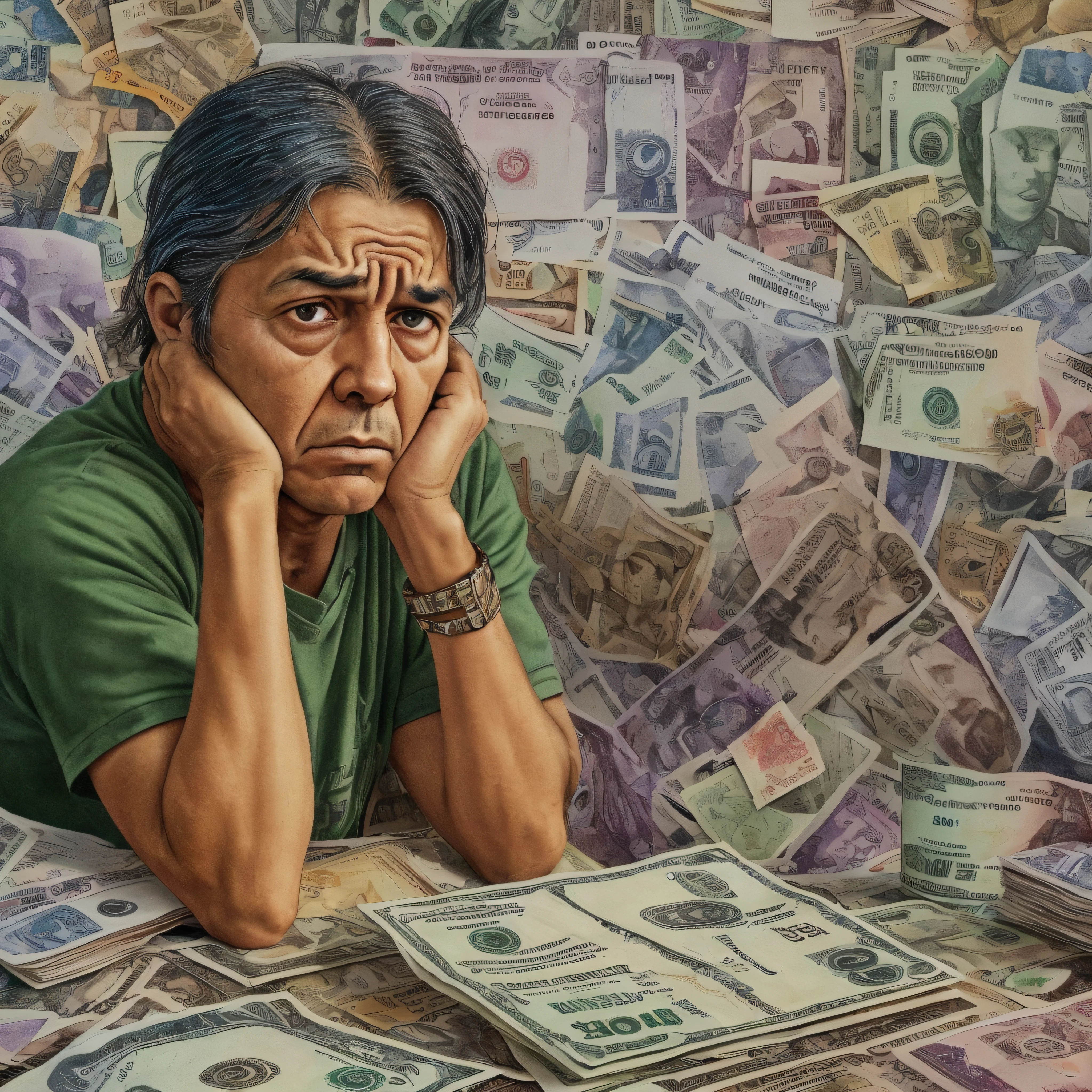 An image that reflects the reality of a 40-year-old dealing with debt and frustration. This visual representation evokes feelings of worry and discouragement in the face of economic and emotional challenges.. Los colores utilizados son oscuros y apagados, conveying a sense of regret and hopelessness. Facial expression and body language reflect the emotional toll and frustration that accompanies financial hardship. Los detalles y elementos visuales resaltan las preocupaciones financieras, como facturas, Papers and expressions of concern. En general, This image invites us to reflect on the struggles and challenges that can arise in life at age 40., and reminds us of the importance of finding ways to overcome difficulties and seek solutions to improve our situation..