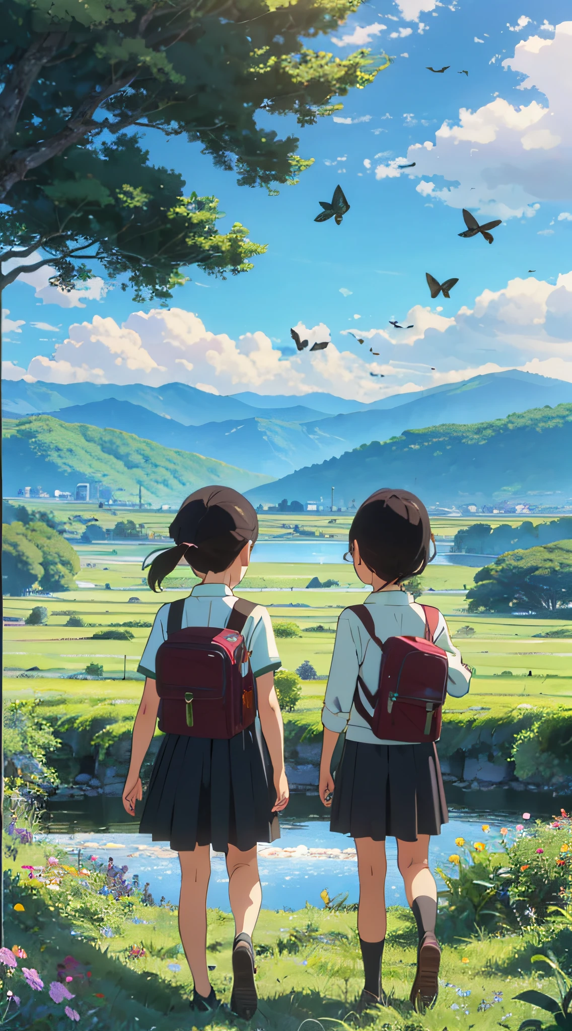 Two looking at the distant landscape, green mountains, clear blue sky, flocks of birds flying in the sky, butterflies around, small rivers around, grass, flowers on the ground, cartoon style, warm colors