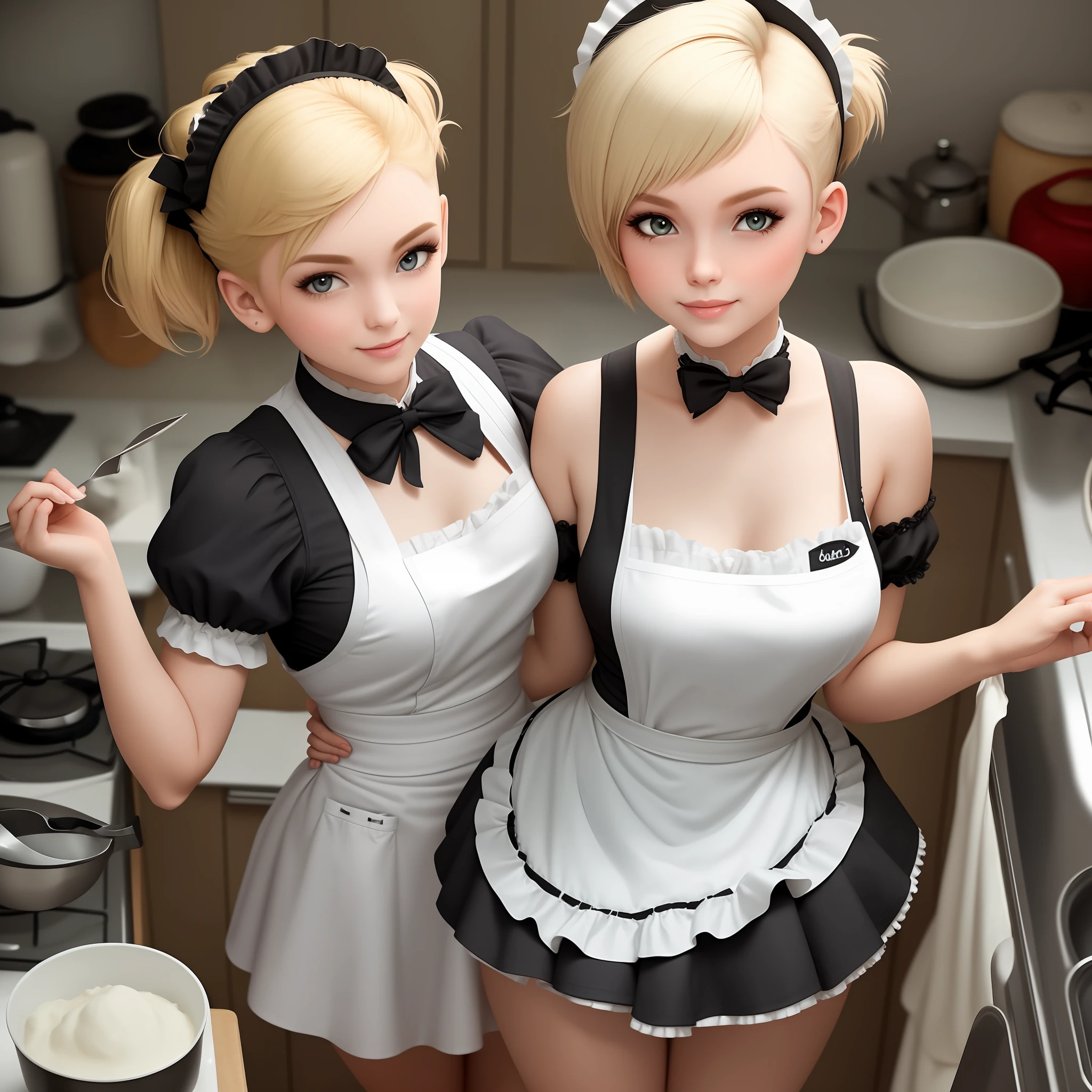 Photo of th3r0ck as a playful maid,1girl,Cut your hair short,aprons,amazing body,pronounced feminine features,plumw,kitchens,Medium blonde hair,Flirt with the camera --auto
