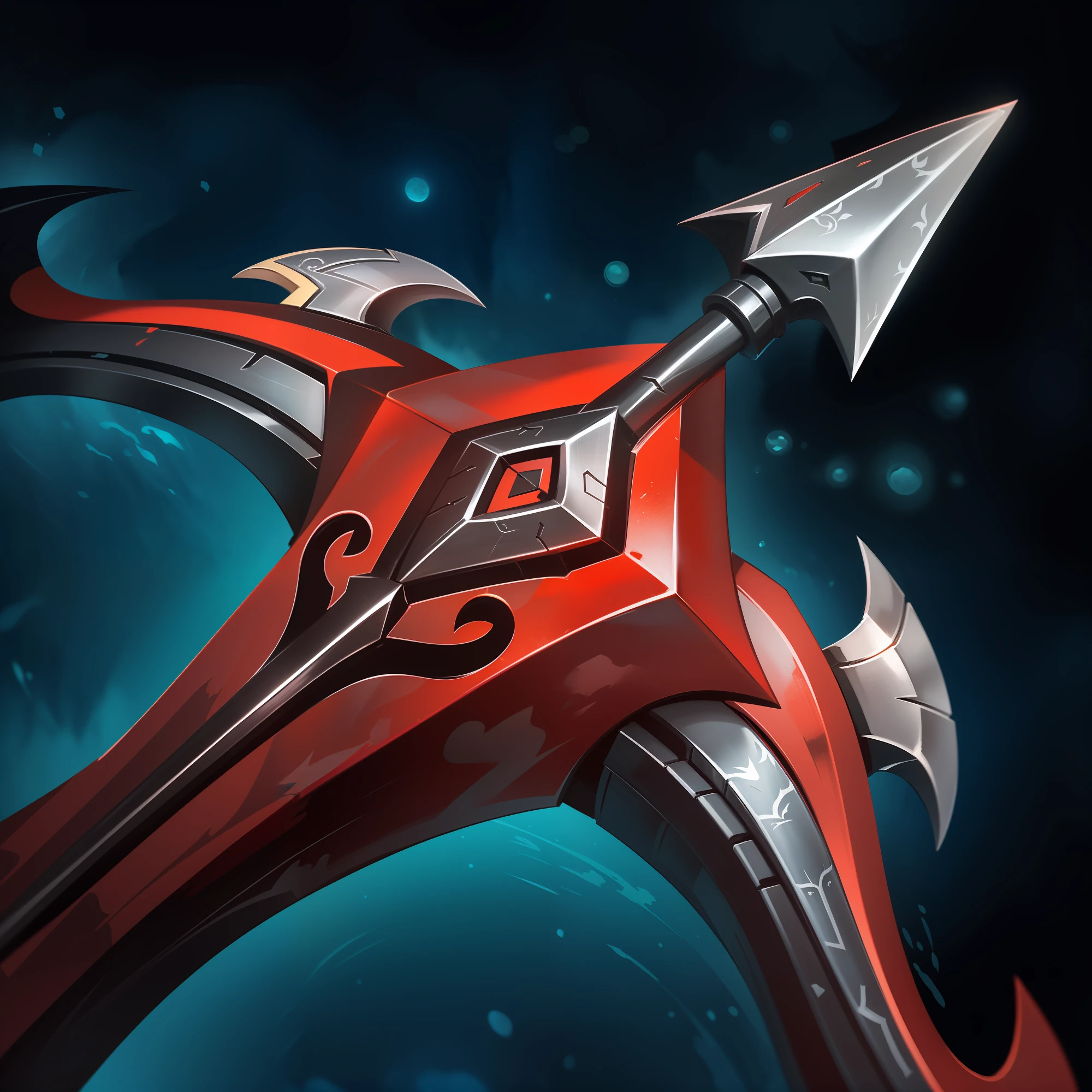 there is a red and silver sword with a black and white design, fantasy scythe, epic fantasy weapon art, fantasy weapon, hearthstone weapon art, fantasy rpg weapon art, intricate fantasy spear, artifact dota2, warcraft blizzard weapon art, halberd, polearm glaive, weapon concept art, painted in the style arcane, scythe design --auto