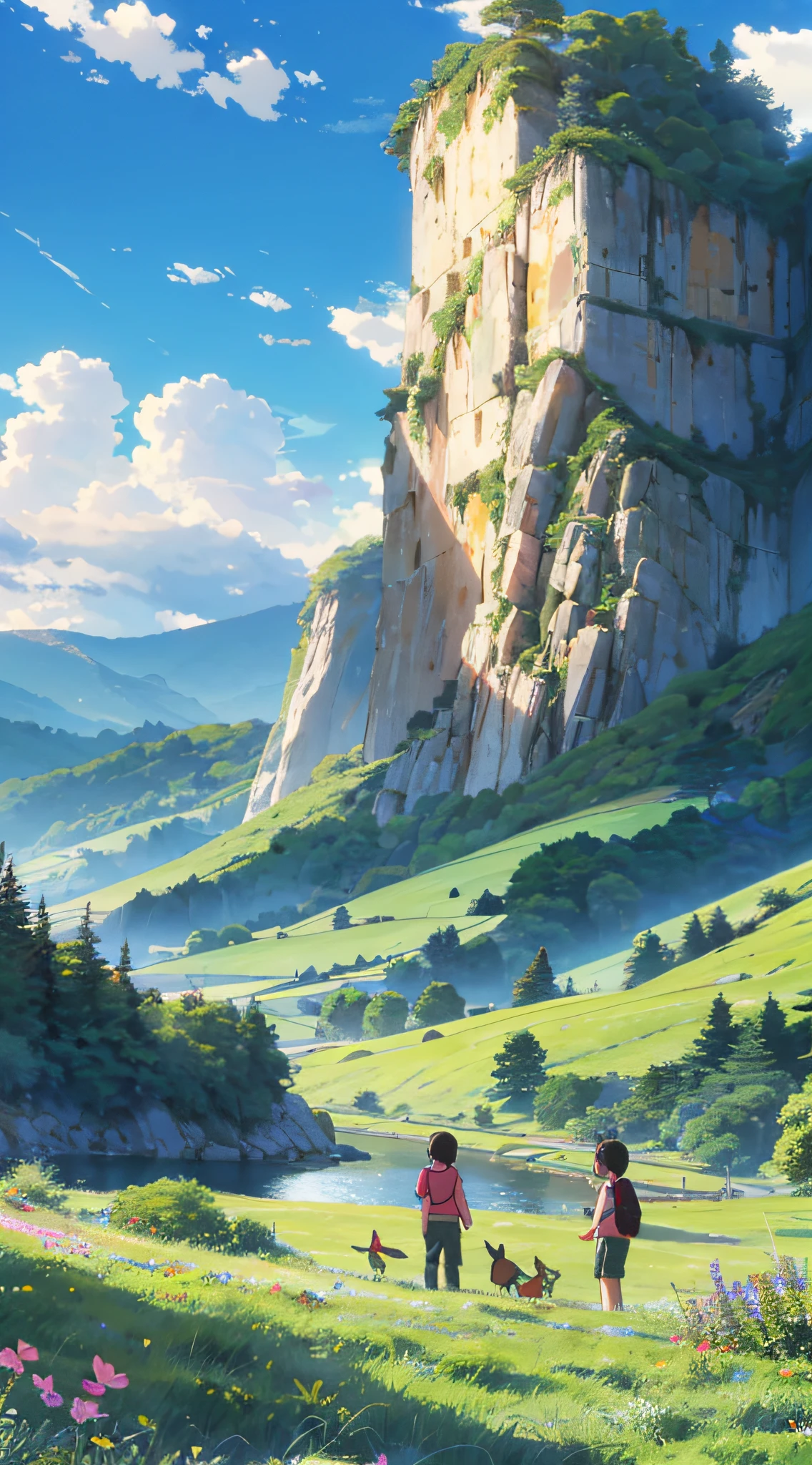 Two children looking at the distant landscape, green mountains, clear blue sky, flocks of birds flying in the sky, butterflies around, small rivers around, grass, flowers on the ground, cartoon style, warm colors