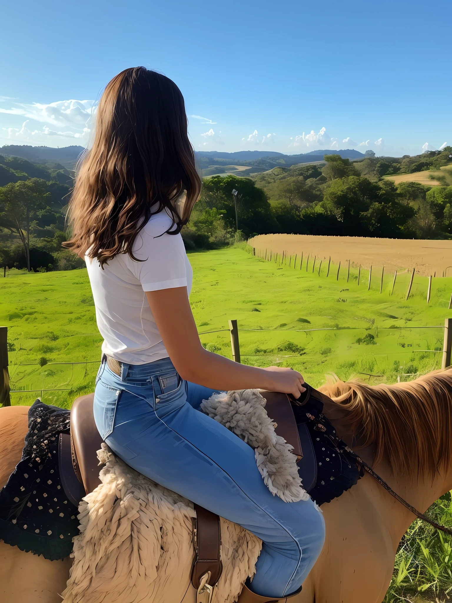 Araffe riding a horse in a field with a dog, em um cavalo, andar a cavalo, no campo, horseback riding, ๐๐, ๐ฐ ๐ โ ๐, andar a cavalo, Belas vistas, cavalo no fundo, ๐ค usando um ๐ฅ, Rural area, Colinas ao fundo, great view, com cavalo conduzido, vaqueira, A cena mais bonita