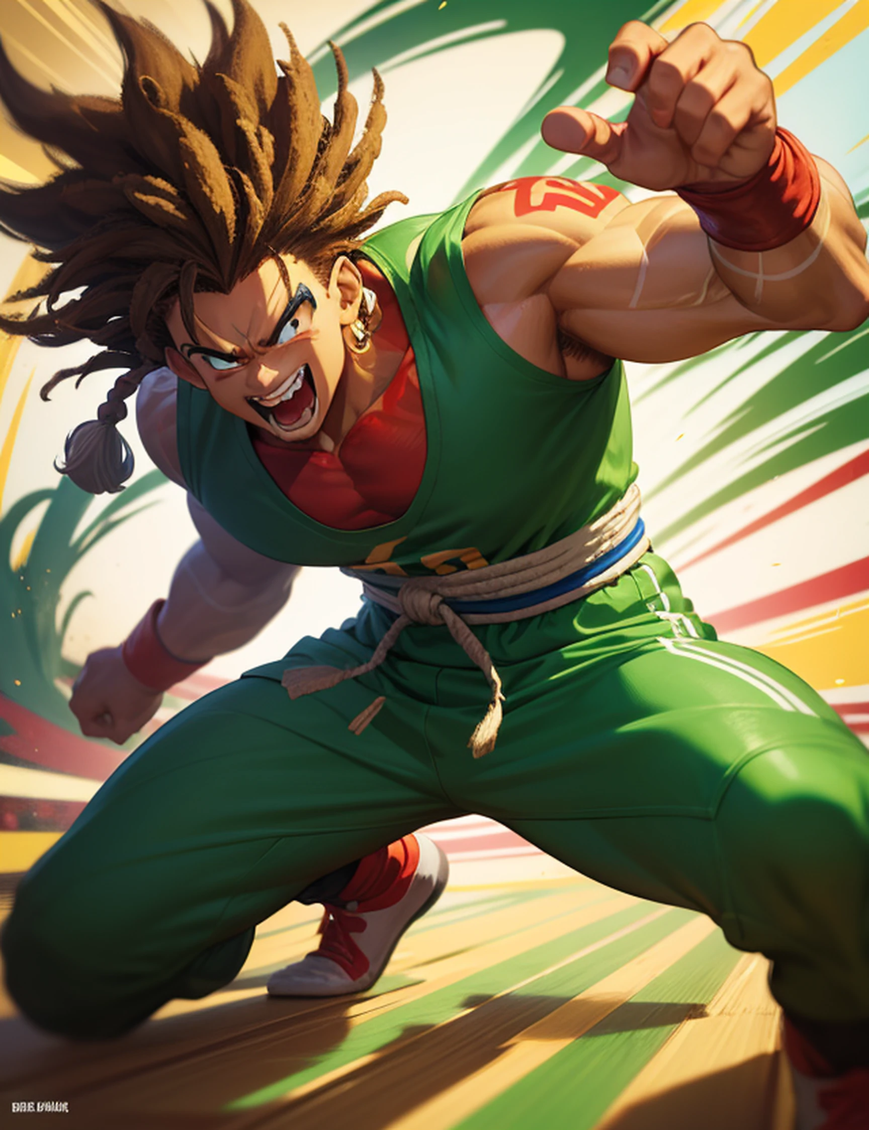 Close-up of a man，Multi-layered clouds，Rag art，sf5 ink style，sf 5 ink style，fighting game character，baki style，mudoken，heavy gesture style closeup，mont，Highly detailed character design，90s comic book character design，Chinese football team uniform ，The Monkey King in Dragon Ball，Striking detailed art style，African samurai