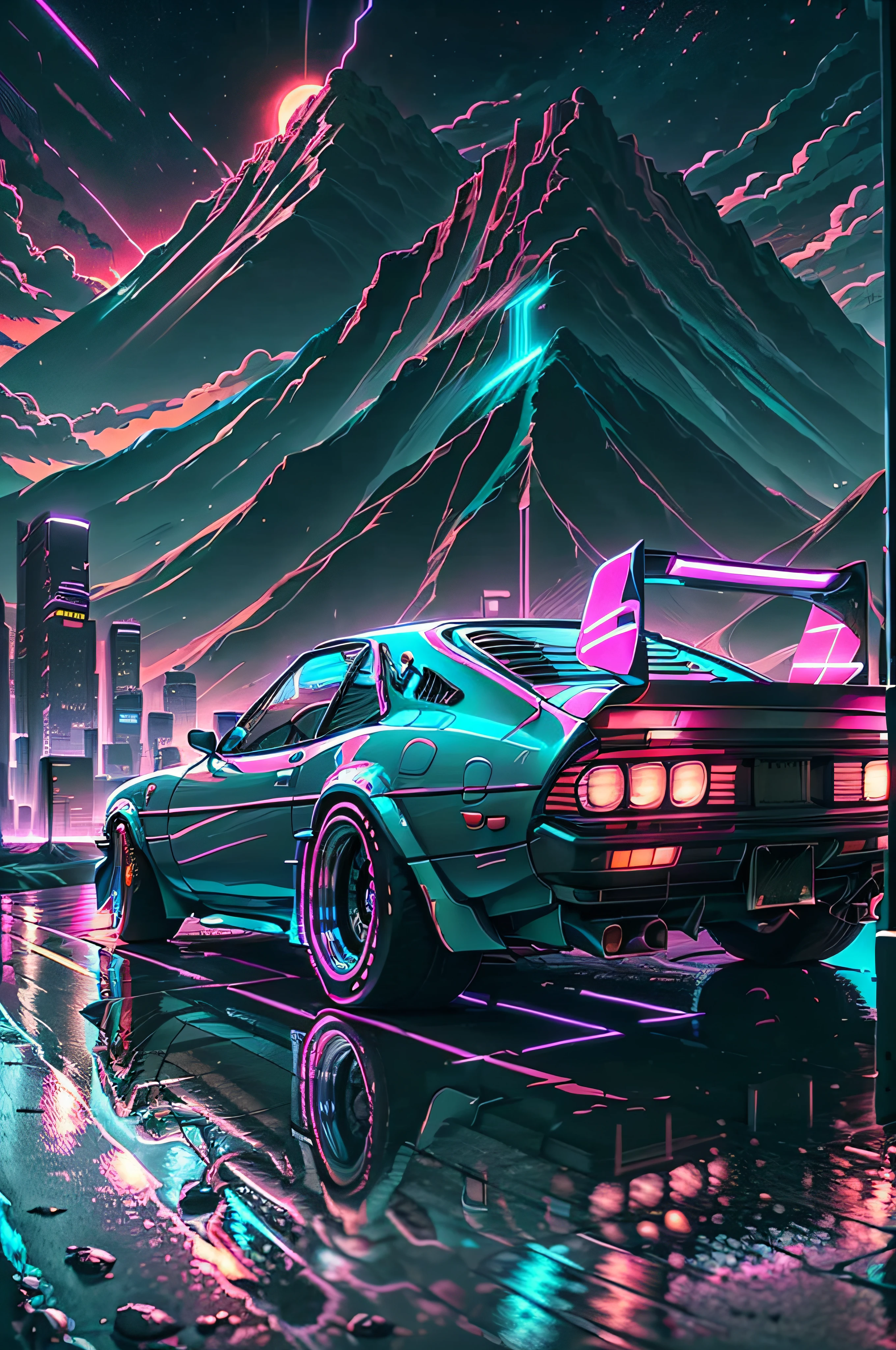 retrowave. city, 1969 Nissan S30, wide body kit, road, purple neon lights, sun, mountain,
(masterpiece,detailed,highres),