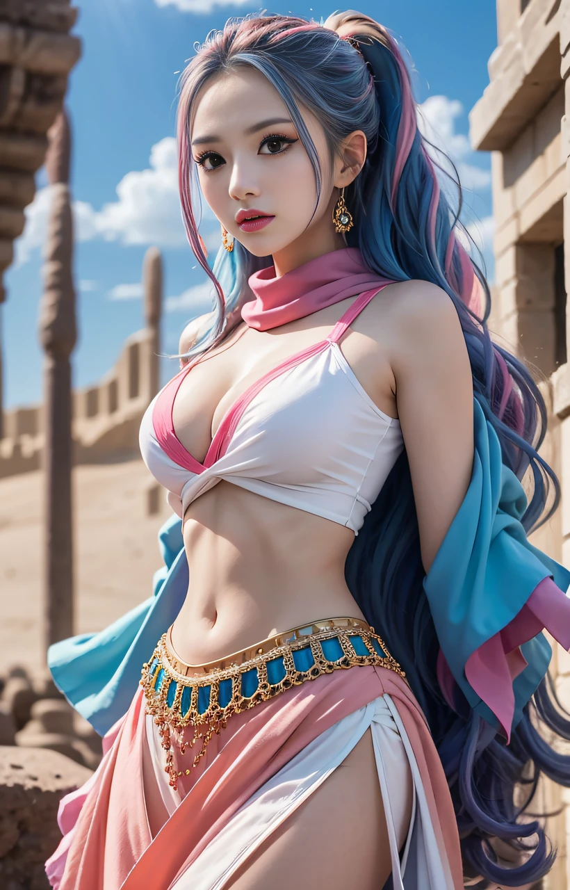 masutepiece, Best Quality,8K,highest grade, absurderes, Extremely detailed, nefertari vivi, 1 girl, Solo, Looking at Viewer, long wavy light blue hair, with two locks hanging down, one on either side of her head, which started out at about chin-length, She is most often、I wear it with my hair pulled back into a ponytail, and brown eyes, she is wearing a dancer outfit with a blue-pink top, blue-pink long skirt, and a white scarf, (Castle background),///,Details Eye Makeup、A desert