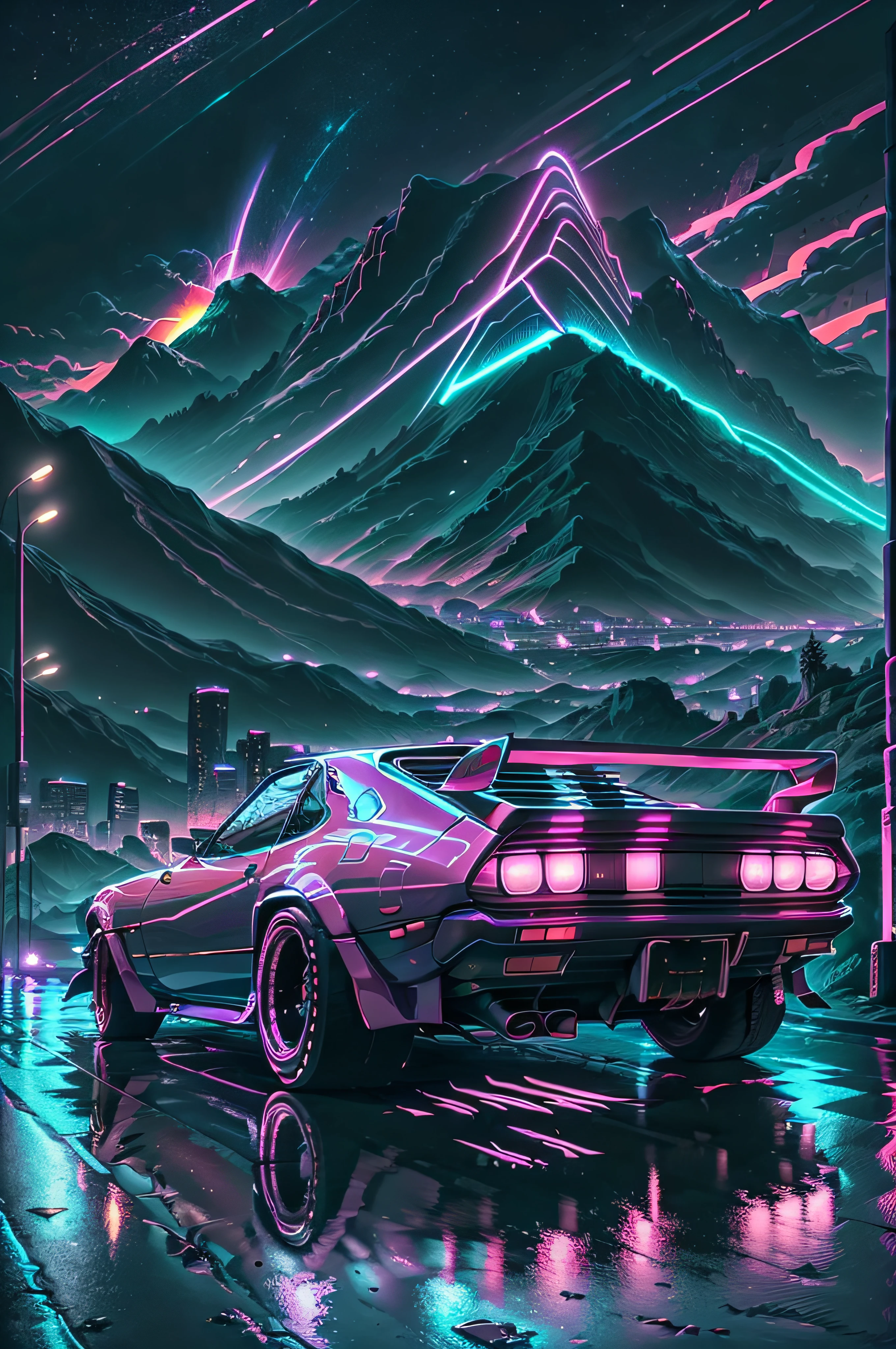 retrowave. city, 1969 Nissan S30, wide body kit, road,  purple neon lights, sun, mountain, 
(masterpiece,detailed,highres),