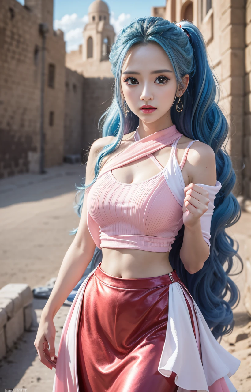 masutepiece, Best Quality,8K,highest grade, absurderes, Extremely detailed, nefertari vivi, 1 girl, Solo, Looking at Viewer, long wavy light blue hair, with two locks hanging down, one on either side of her head, which started out at about chin-length, She is most often、I wear it with my hair pulled back into a ponytail, and brown eyes, she is wearing a dancer outfit with a blue-pink top, blue-pink long skirt, and a white scarf, (Castle background),///,Details Eye Makeup、A desert