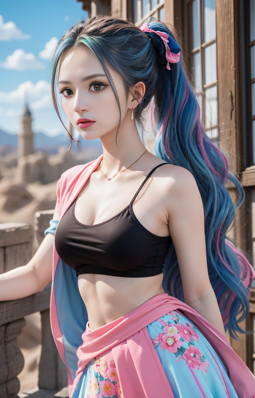 masutepiece, Best Quality,8K,highest grade, absurderes, Extremely detailed, nefertari vivi, 1 girl, Solo, Looking at Viewer, long wavy light blue hair, with two locks hanging down, one on either side of her head, which started out at about chin-length, She is most often、I wear it with my hair pulled back into a ponytail, and brown eyes, she is wearing a dancer outfit with a blue-pink top, blue-pink long skirt, and a white scarf, (Castle background),///,Details Eye Makeup、A desert