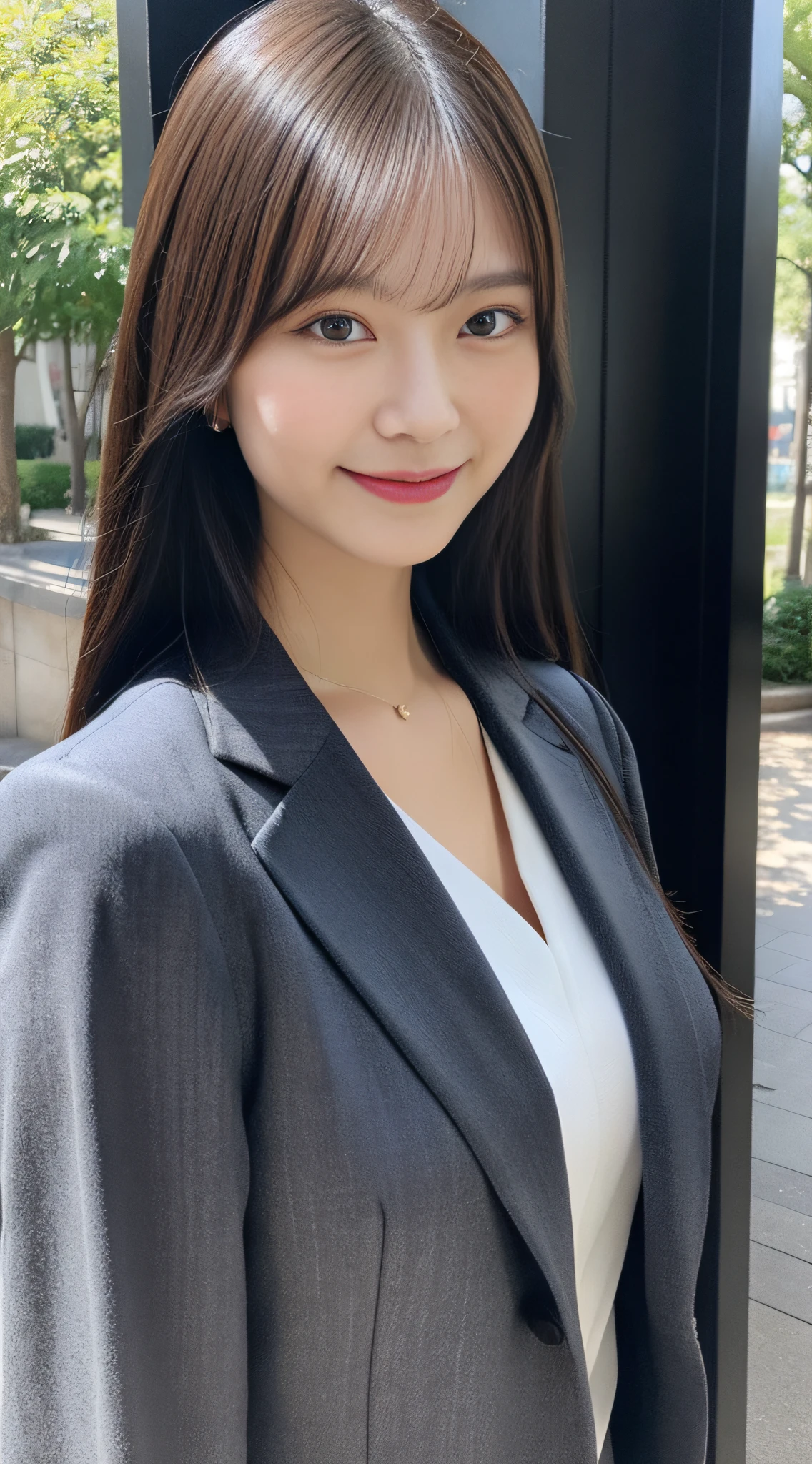 Asian woman in suit posing for one photo, A smile、One girl in a suit,Close-up portrait shot in one photo, closeup portrait shot, Wearing a gray business suit, professional closeup photo, full body Esbian、 is wearing jacket, close up half body shot, Japanese Models, close up portrait photo、细致背景