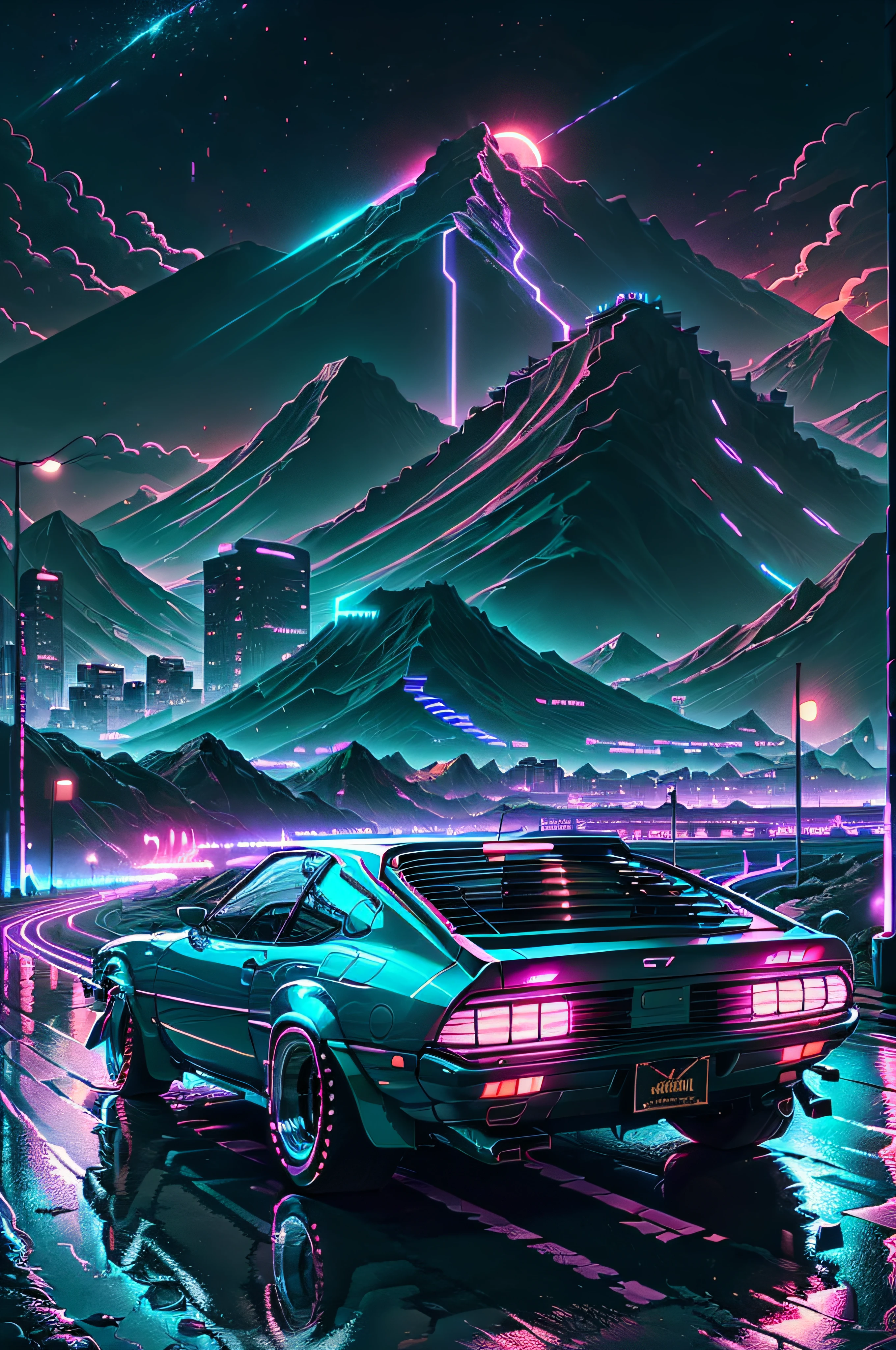 retrowave. city, 1969 Nissan S30, wide body kit, road, purple neon lights, sun, mountain,
(masterpiece,detailed,highres),