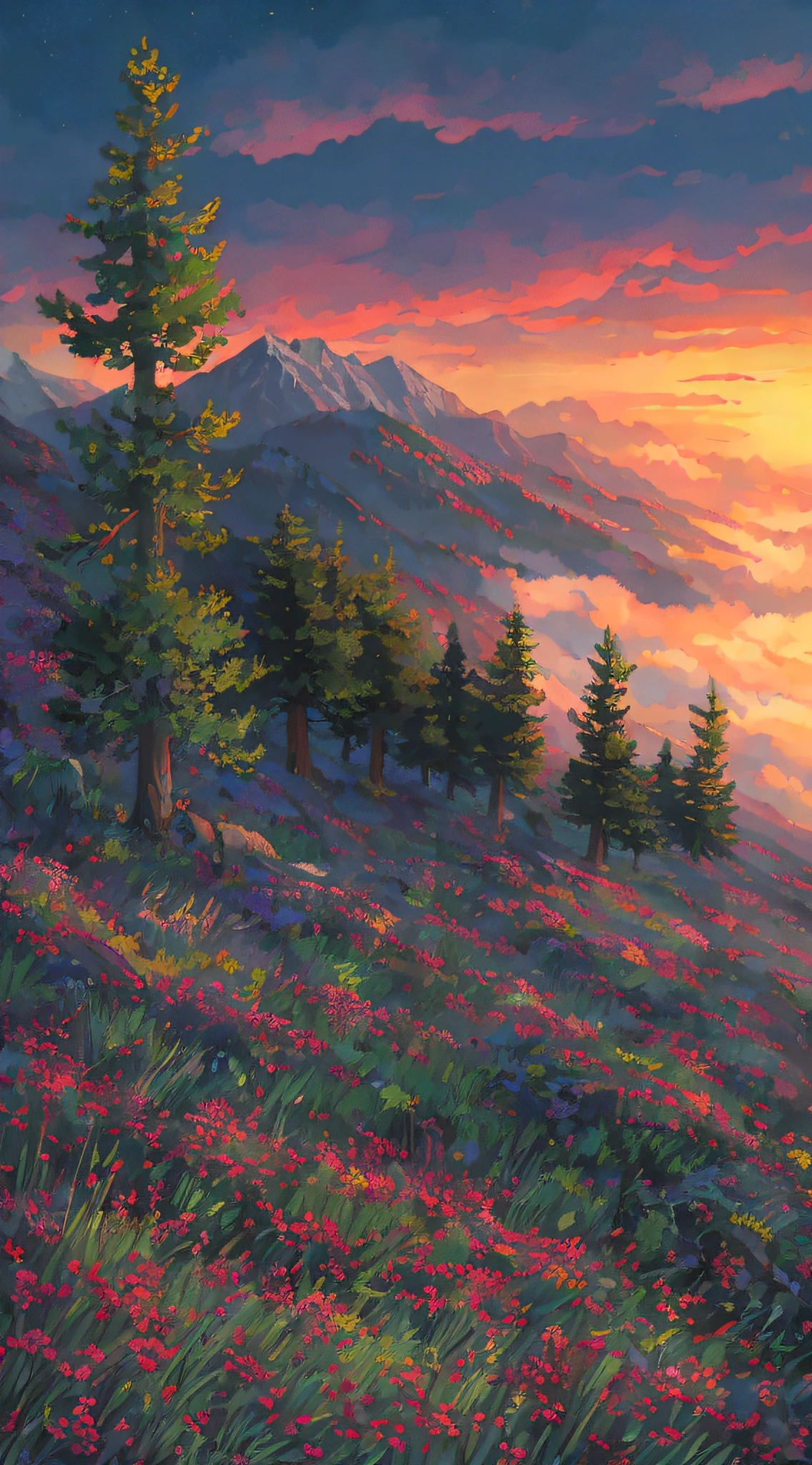In the mountains and forests, a clearing, dusk and sunset, meadows,