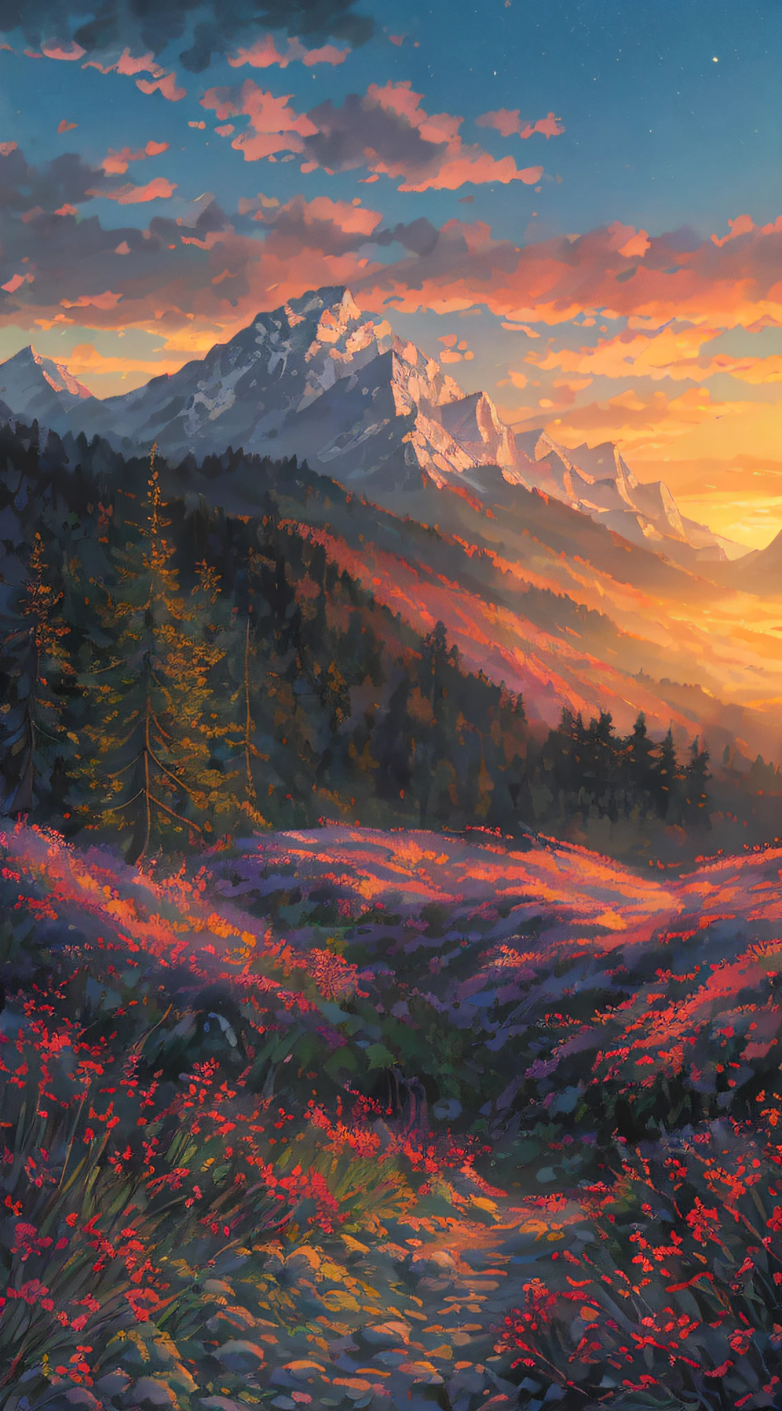 In the mountains and forests, a clearing, dusk and sunset, meadows,