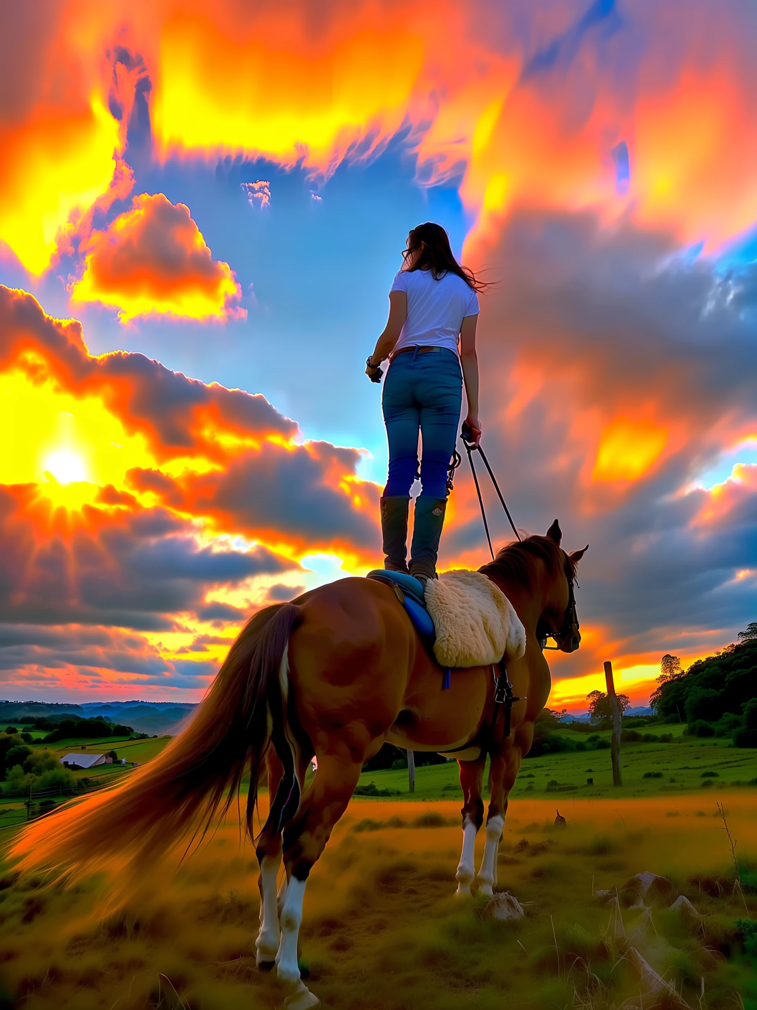 There is a woman riding a horse in a field at sunset, cavalo no topo, andar a cavalo, em um cavalo, no topo de uma colina, no topo de uma colina, horseback riding, riding in the sky, in the sunset, Standing on a hill, andar a cavalo, in the sunset, looking at sunset, vaqueira, elevando-se sobre a sua vista