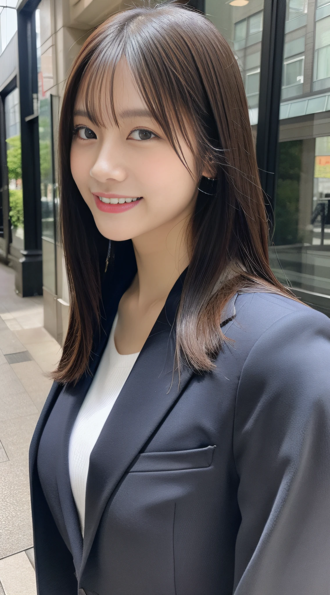 Asian woman in suit posing for one photo, A smile、One girl in a suit,Close-up portrait shot in one photo, closeup portrait shot, Wearing a gray business suit, professional closeup photo, full body Esbian、 is wearing jacket, close up half body shot, Japanese Models, close up portrait photo、细致背景