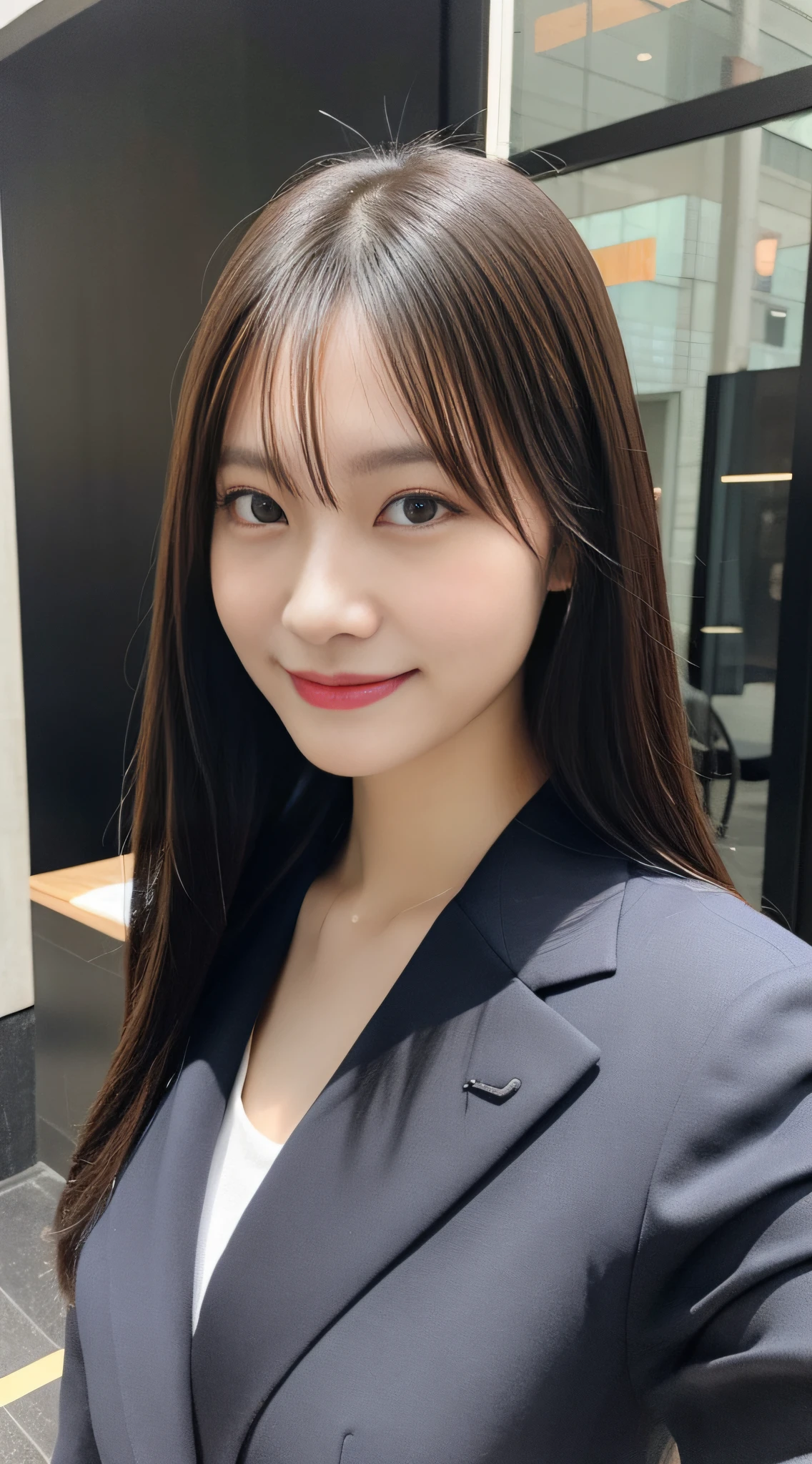 Asian woman in suit posing for one photo, A smile、One girl in a suit,Close-up portrait shot in one photo, closeup portrait shot,  Wearing a gray business suit, professional closeup photo, full body Esbian、 is wearing  jacket, close up half body shot, Japanese Models, close up portrait photo、细致背景