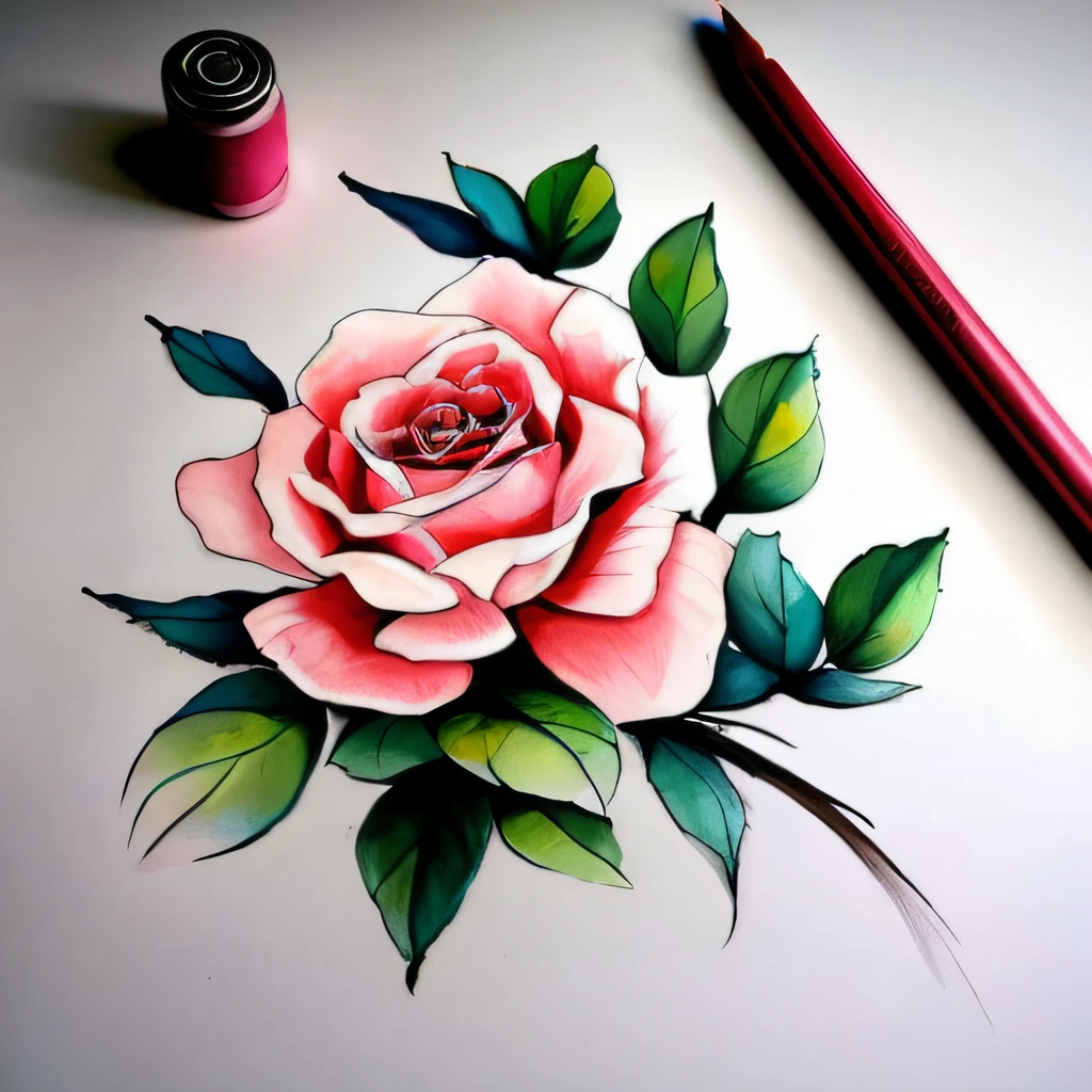 um close up de um desenho de uma rosa com folhas, desenho colorido, altamente detalhado e colorido, desenho de tatuagem realismo, colorful illustration for tattoo, estilo de desenho tradicional, desenho colorido, sombreamento imaculado, tattoo sketches, Estilo de desenho bonito, Sombreamento bonito, tattoo design sketch, design de tatuagem, great use of work line and color, sombreamento vibrante, sombreamento realista --auto