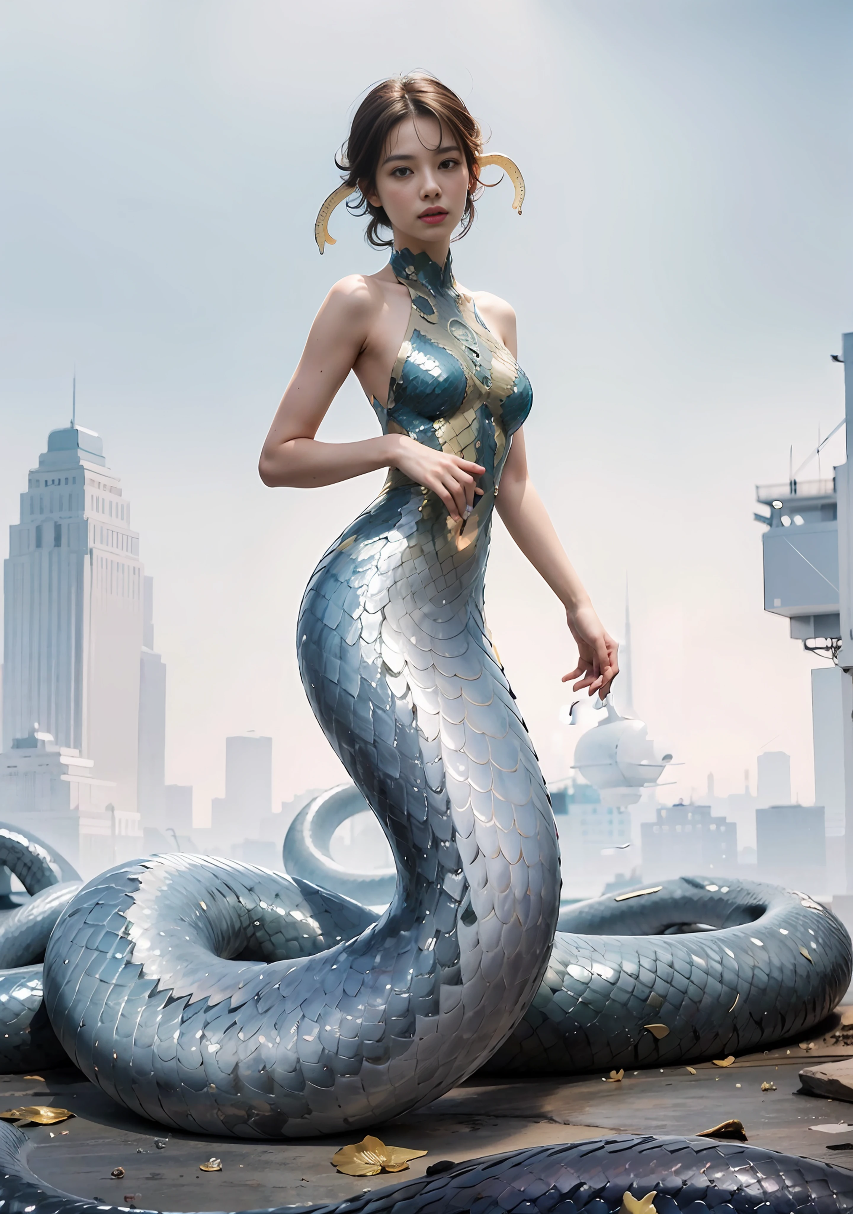 (mermaid:1.2), (snake tail:1.3)，8k uhd，RAW photo，A snake woman，（Python pattern），（snake man），(Real Human:1.3)，(highres:1.4)，(A detailed:1.5)，(photorealestic:1.7)，RAW photo，Portrait Photogram，Realistic scales，cabellos largos dorados，RAW photo，超高分辨率，Foto realism，best qualtiy，(highdetailskin，skin detailed)，Visible Pore，Shiny skin，tmasterpiece，finedetail，Colorization，Extremely Delicately Beautiful，extremely detailed 8k wallpaper，8K high quality，DSLR，Snake man maiden with beautiful details，(looking at viewert)，professional photograph lighting，Faraway view，full bodyesbian，in a panoramic view