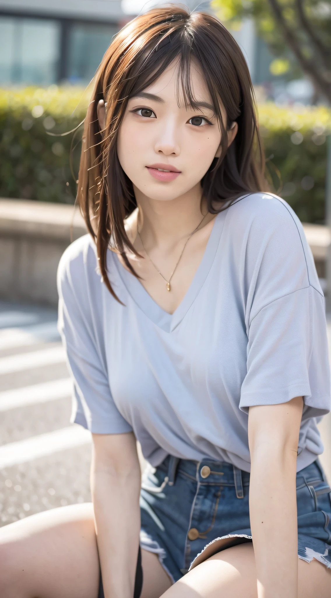mix4, 20 days, Solo, Long_Hair, Nanase Nishino, Haruka Kaki, park, bench, Seated, (8K, RAW photography, Best quality, Masterpiece:1.2), (Realistic, Photorealistic: 1.37), Professional lighting, photon maping, Radio City, physically-based renderingt