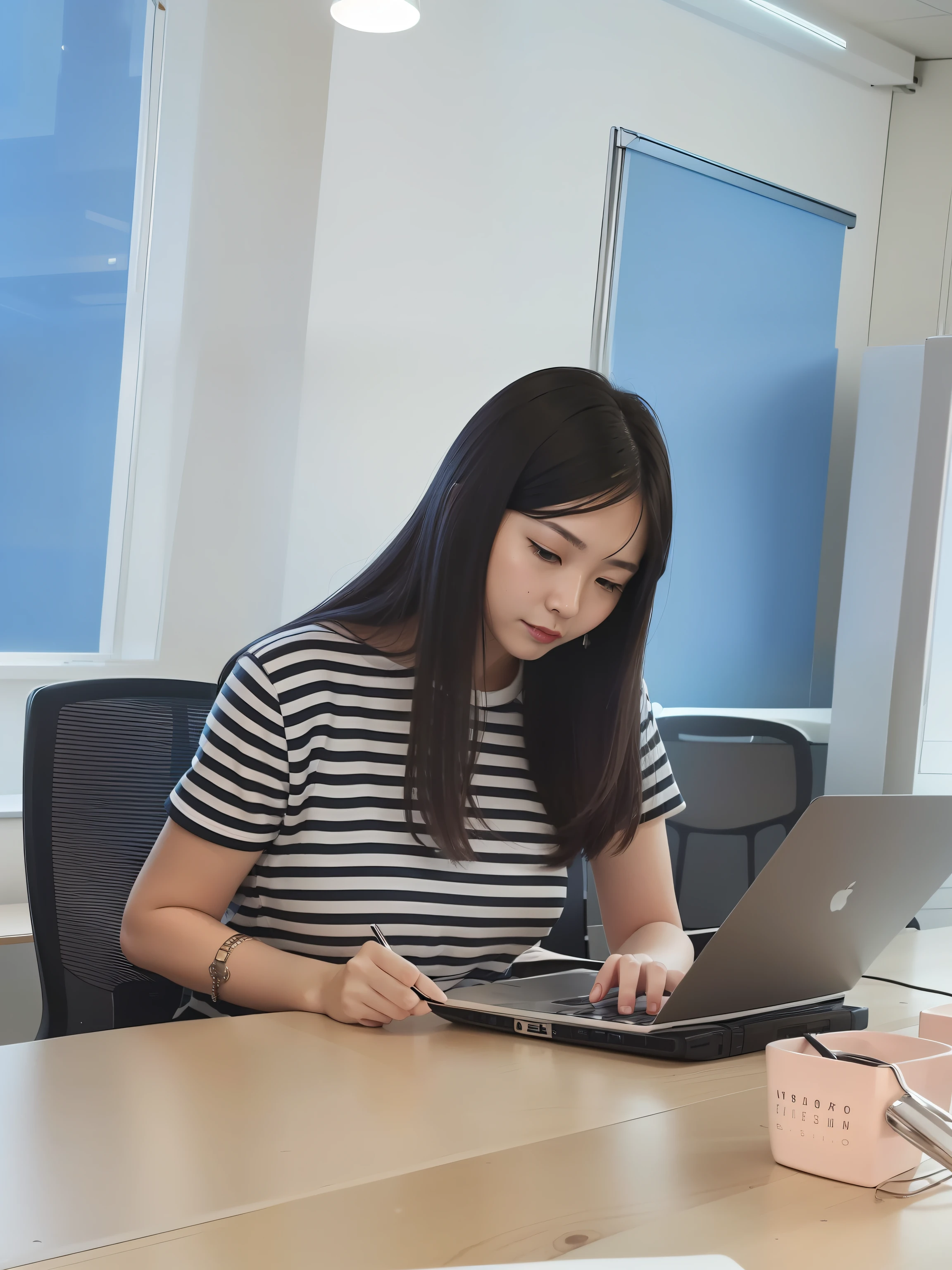 In a modern office,A woman sitting at a computer desk working intently using her laptop。Her hair was draped,Wear a professional outfit,Looks very professional。Surrounded by bright lights and modern office equipment。 (#Office life with clean lines, bright atmosphere and realistic details) --auto