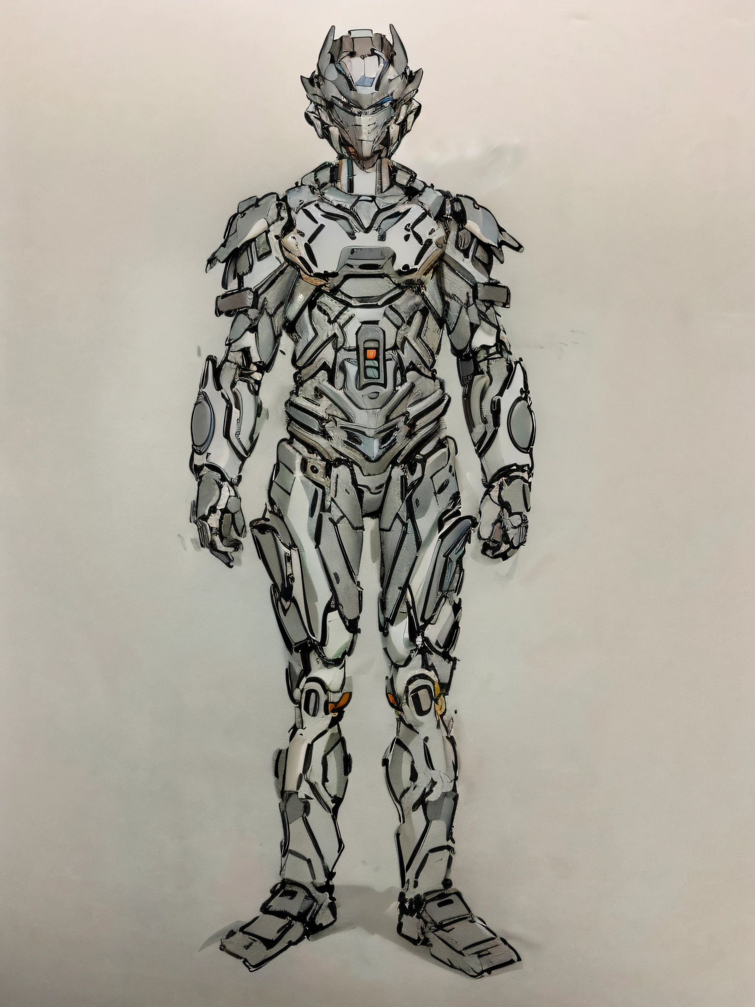 Drawing of a robot with a helmet and a body made of metal, detailed full-body concept, full body concept, Concept armor, new costume concept design, sci fi character concept, Humanoid form, Mecha Inspiration, intricate assasin mecha armor, detailed humanoid, sci - fi character, armour merging with body, intricate mecha armor