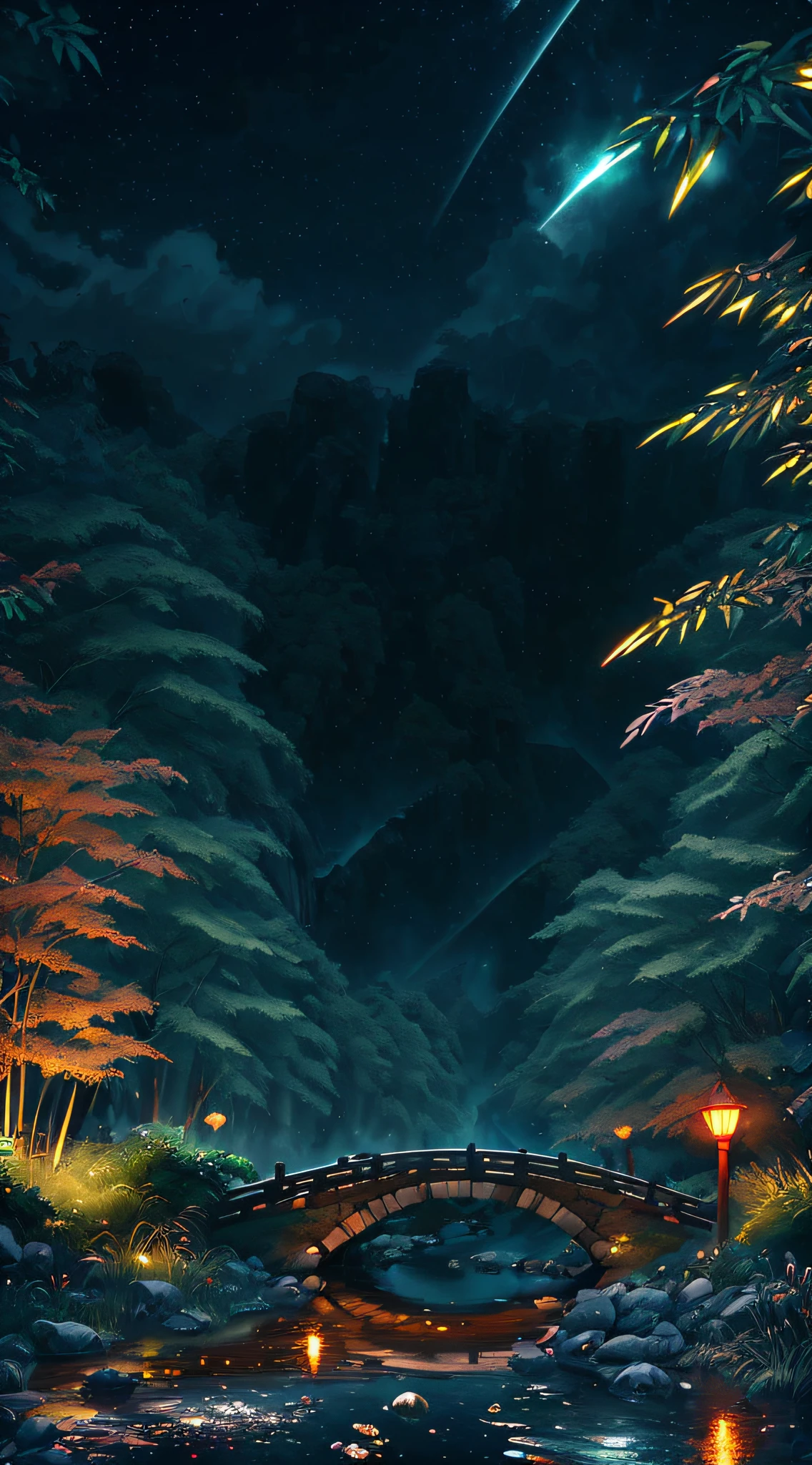 ((diffuse colors)) Ancient Chinese architecture, cool colors, dark night, moon, garden, bamboo, lake, stone bridge, rockery, arch, corner, tree, running water, landscape, outdoor, waterfall, grass, rock, intense rainfall, thunderstorm, vines all around, giant and wet trees, with glowing leaves in the trees, glowing fireflies and glowing particle effects, masterpiece, best quality, high quality, extremely detailed CG unity 8k wallpaper, oil paiting, award winning photography, Bokeh, Depth of Field, HDR, bloom, ,Photorealistic,extremely detailed, trending on artstation, trending on CGsociety, Intricate, High Detail, dramatic, art by midjourney, volumetric lighting