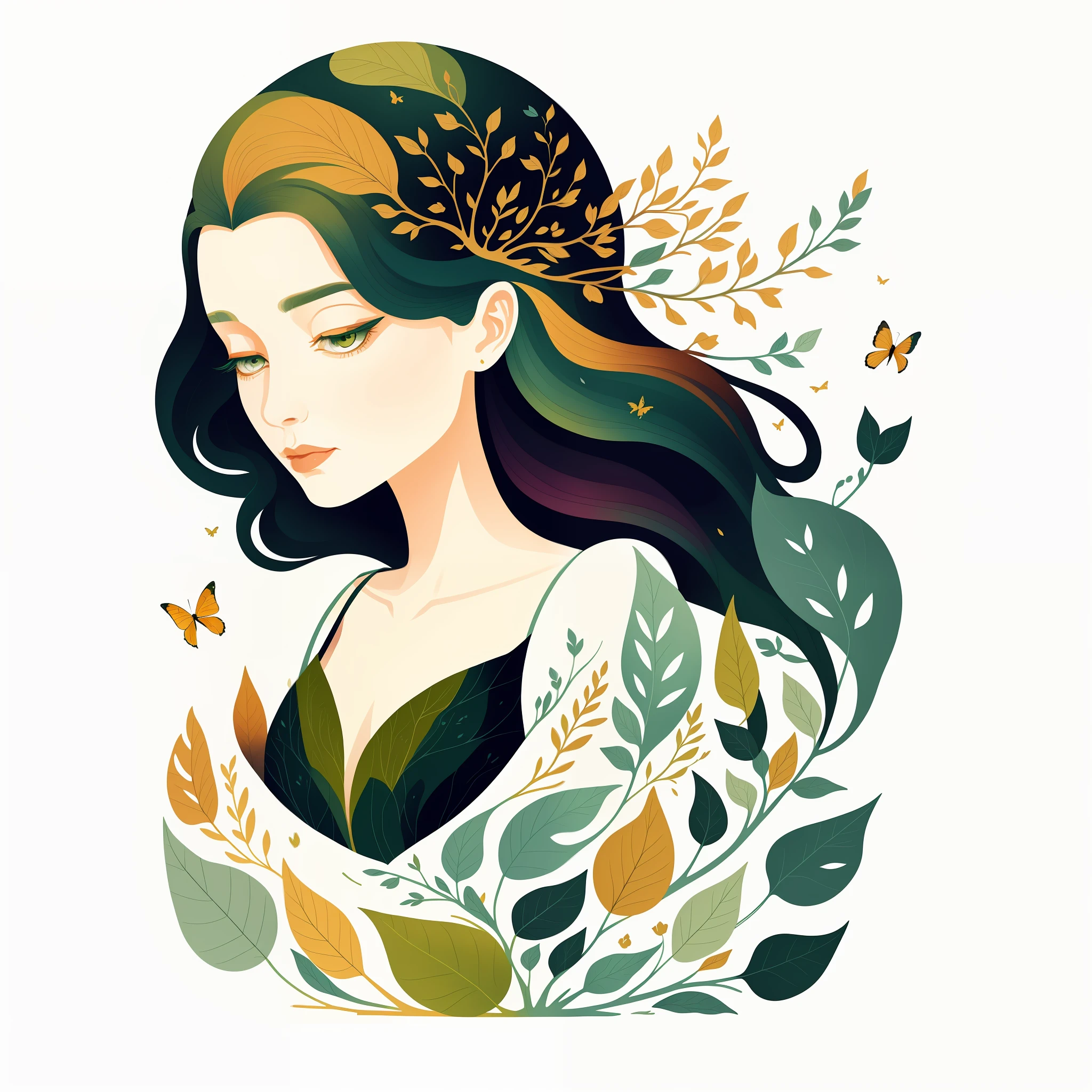(Illustration:1.3) singular dryad, isolated on empty pure white background(3)(by Artist Anna Dittman:1), (((masterpiece))), (((best quality))),((an extremely delicate and beautiful)), flat illustration