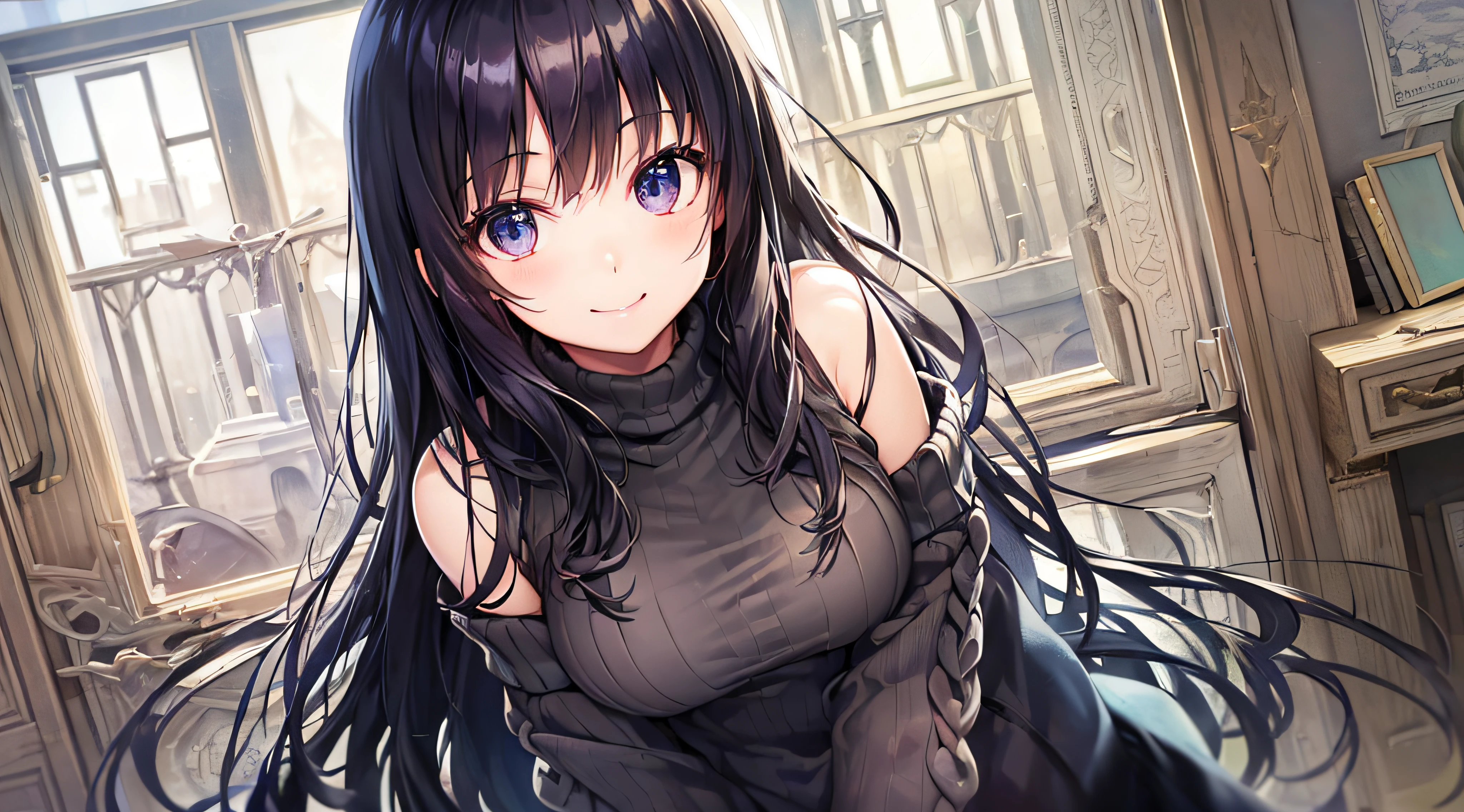 ((Chest Opening Turtleneck Off Shoulder Sweater)) 、 Long black hair with slightly wavy hair、Black eyes、４ｋpicture quality、Superlative quality、（（Top-notch image quality））、Neat and clean girls、beautiful a girl、Anime image quality、Erotic look、Ero、Full body image display、Cute little girl s、Only one girl、((cute smile face))、