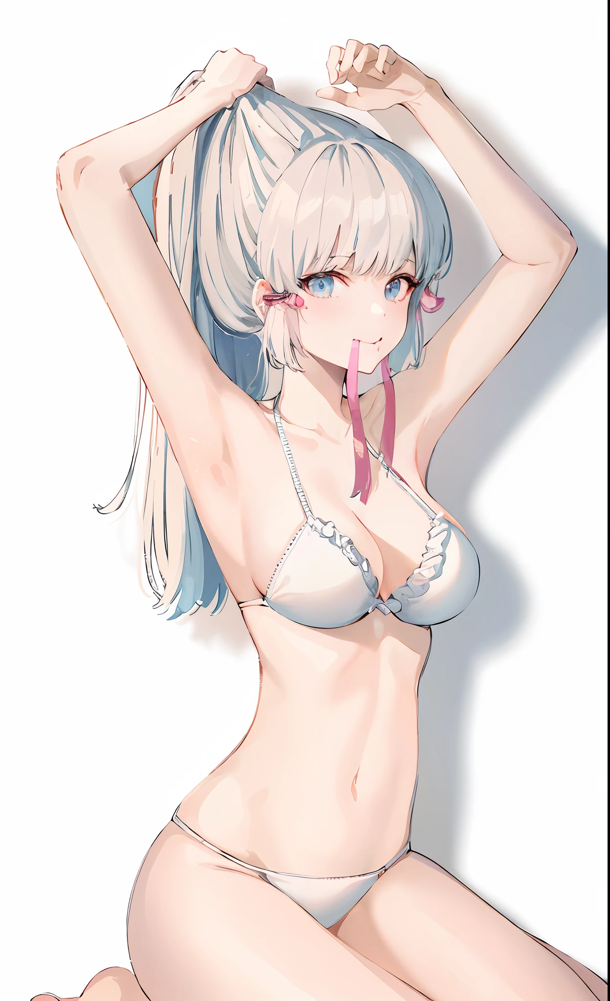 (masterpiece), best quality, expressive eyes, perfect face,beautiful illustration, best quality, cute girl, bedroom, pink hair, happy, miniskirt, white blouse, two side up, ((clothes open)), ((sexy Pose:1.5)), ((see-enough:1.1))