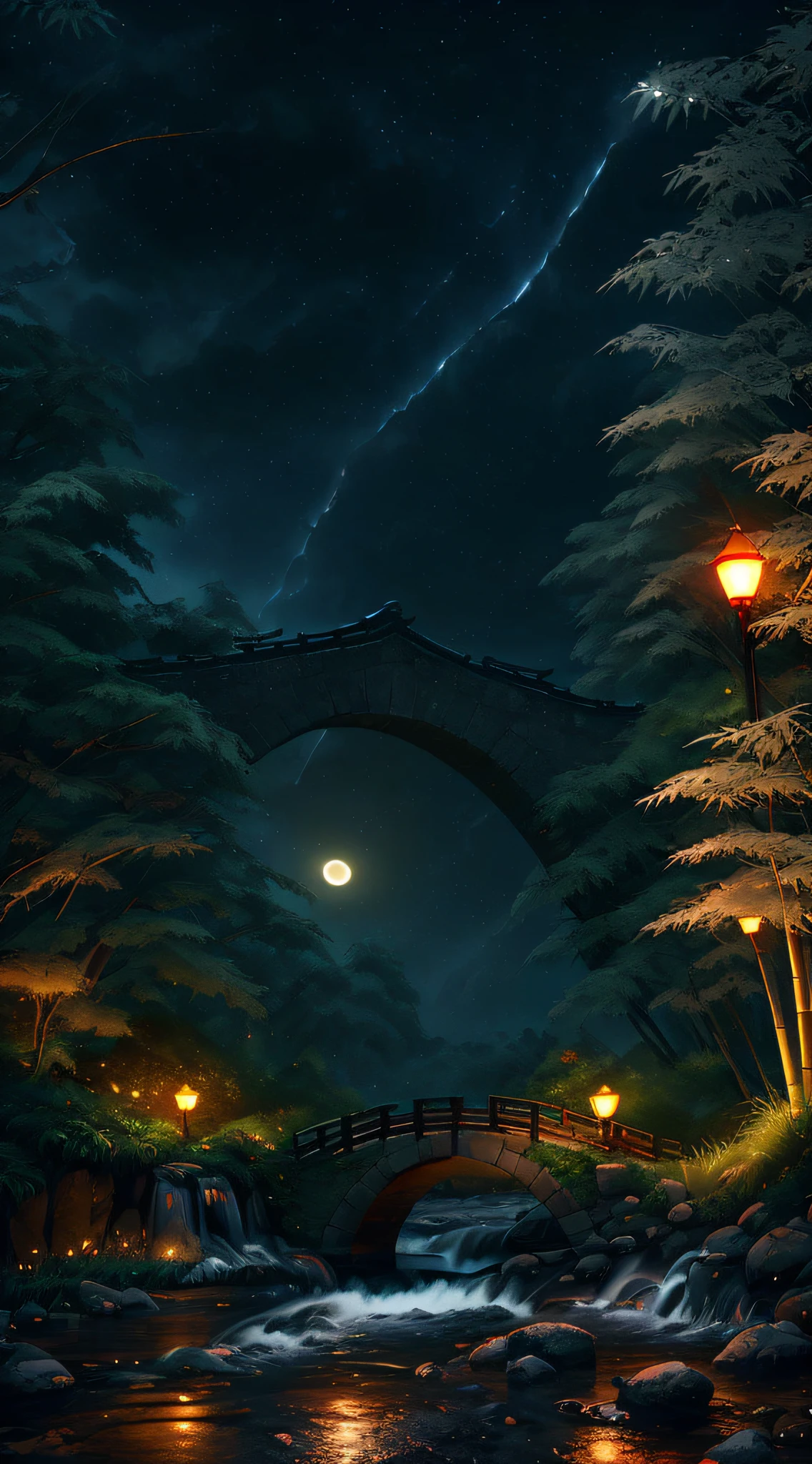 ((diffuse colors)) Ancient Chinese architecture, cool colors, dark night, moon, garden, bamboo, lake, stone bridge, rockery, arch, corner, tree, running water, landscape, outdoor, waterfall, grass, rock, intense rainfall, thunderstorm, vines all around, giant and wet trees, with glowing leaves in the trees, glowing fireflies and glowing particle effects, masterpiece, best quality, high quality, extremely detailed CG unity 8k wallpaper, oil paiting, award winning photography, Bokeh, Depth of Field, HDR, bloom, ,Photorealistic,extremely detailed, trending on artstation, trending on CGsociety, Intricate, High Detail, dramatic, art by midjourney, volumetric lighting