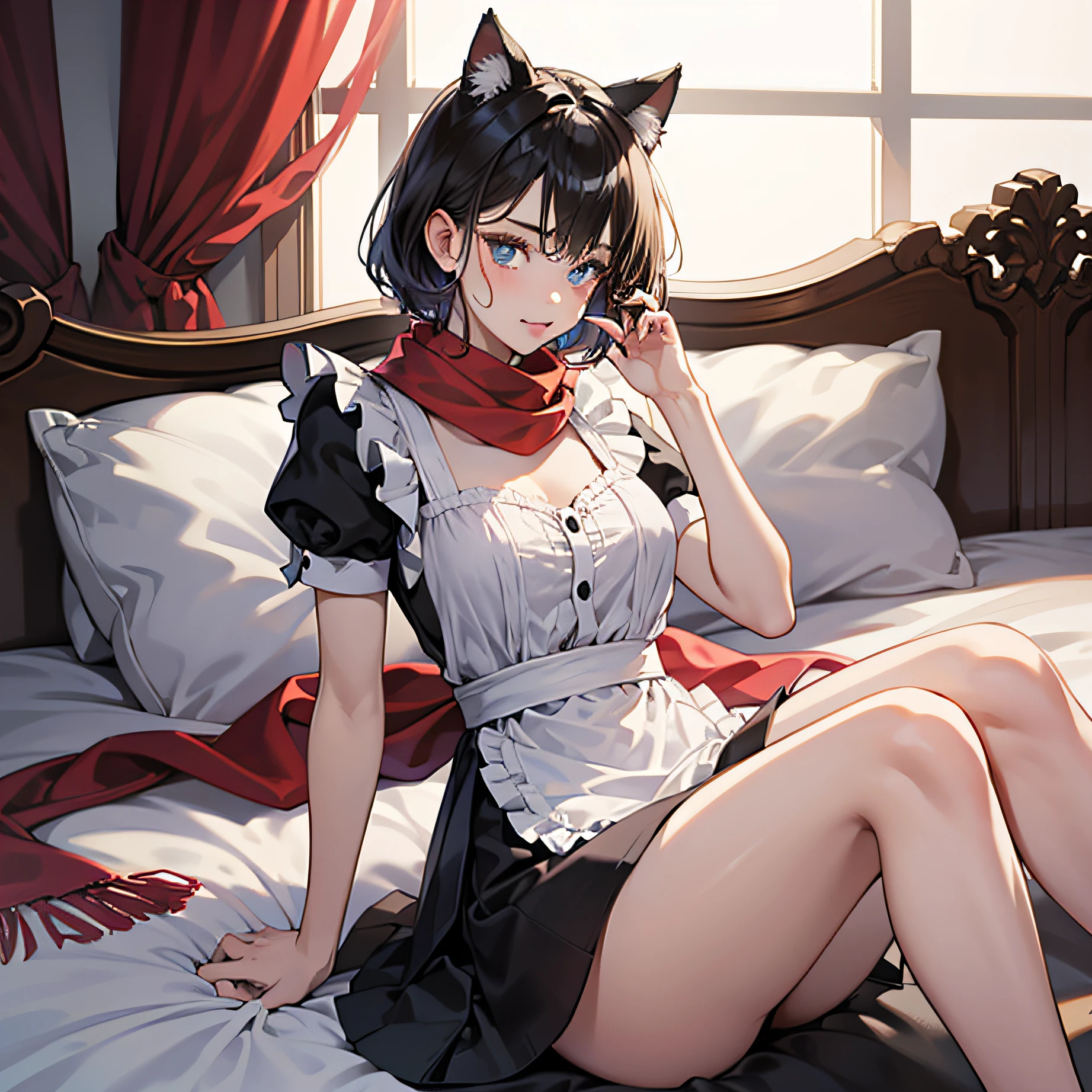 teens girl,nedium breasts,Beds,the maid outfit,whaite hair,short detailed hair,Cat ears,Lower left earlobe,Shy,Red scarf,Sat down,Superskirt,seductiv,eBlue eyes ,balmy,upper legs((tmasterpiece),best qualtiy,cinmatic lighting,ultra - detailed,Beautiful and detailed eye description,Bright pupils)Kiss ,Kizi --auto