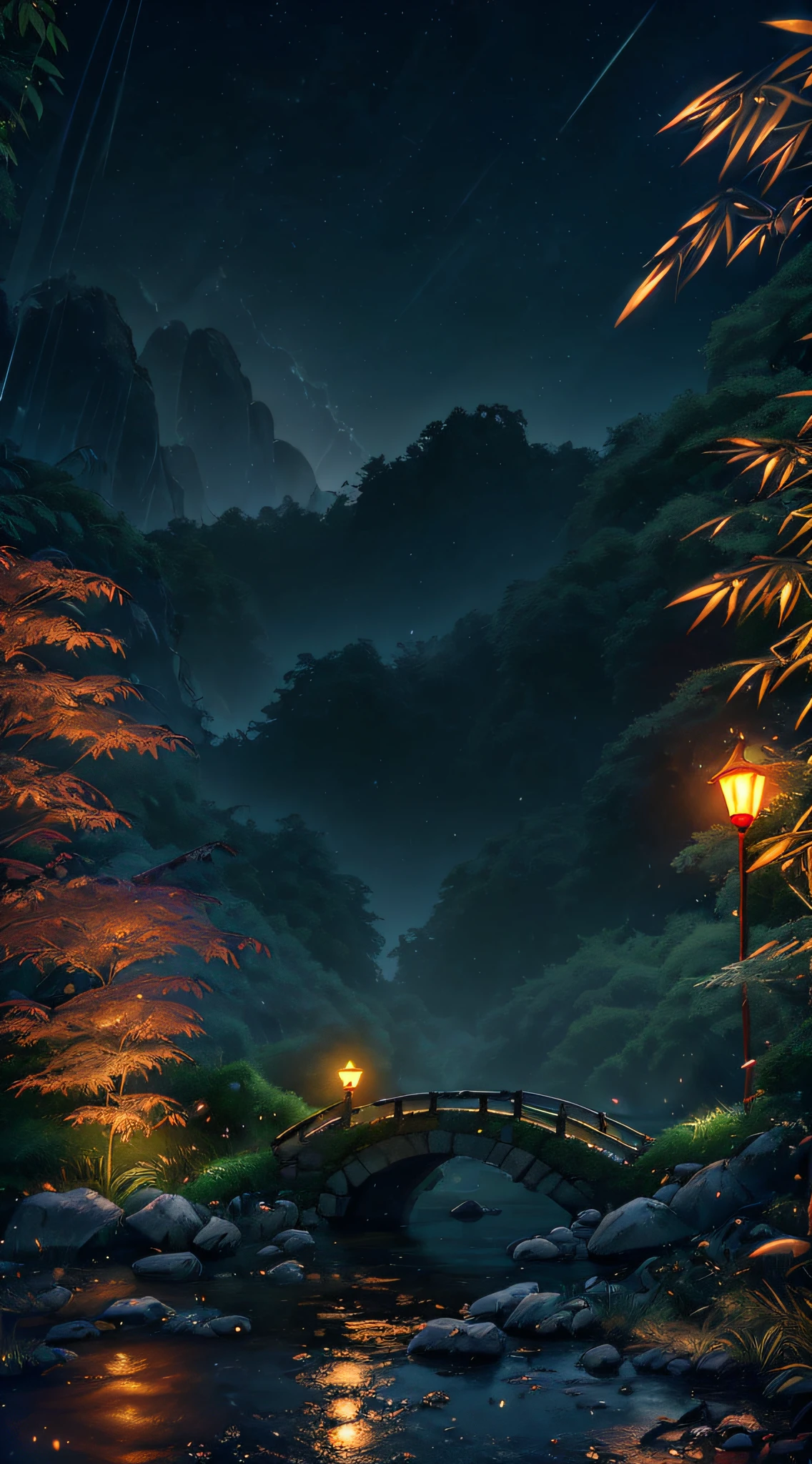 ((diffuse colors)) Ancient Chinese architecture, cool colors, dark night, moon, garden, bamboo, lake, stone bridge, rockery, arch, corner, tree, running water, landscape, outdoor, waterfall, grass, rock, intense rainfall, thunderstorm, vines all around, giant and wet trees, with glowing leaves in the trees, glowing fireflies and glowing particle effects, masterpiece, best quality, high quality, extremely detailed CG unity 8k wallpaper, oil paiting, award winning photography, Bokeh, Depth of Field, HDR, bloom, ,Photorealistic,extremely detailed, trending on artstation, trending on CGsociety, Intricate, High Detail, dramatic, art by midjourney, volumetric lighting
