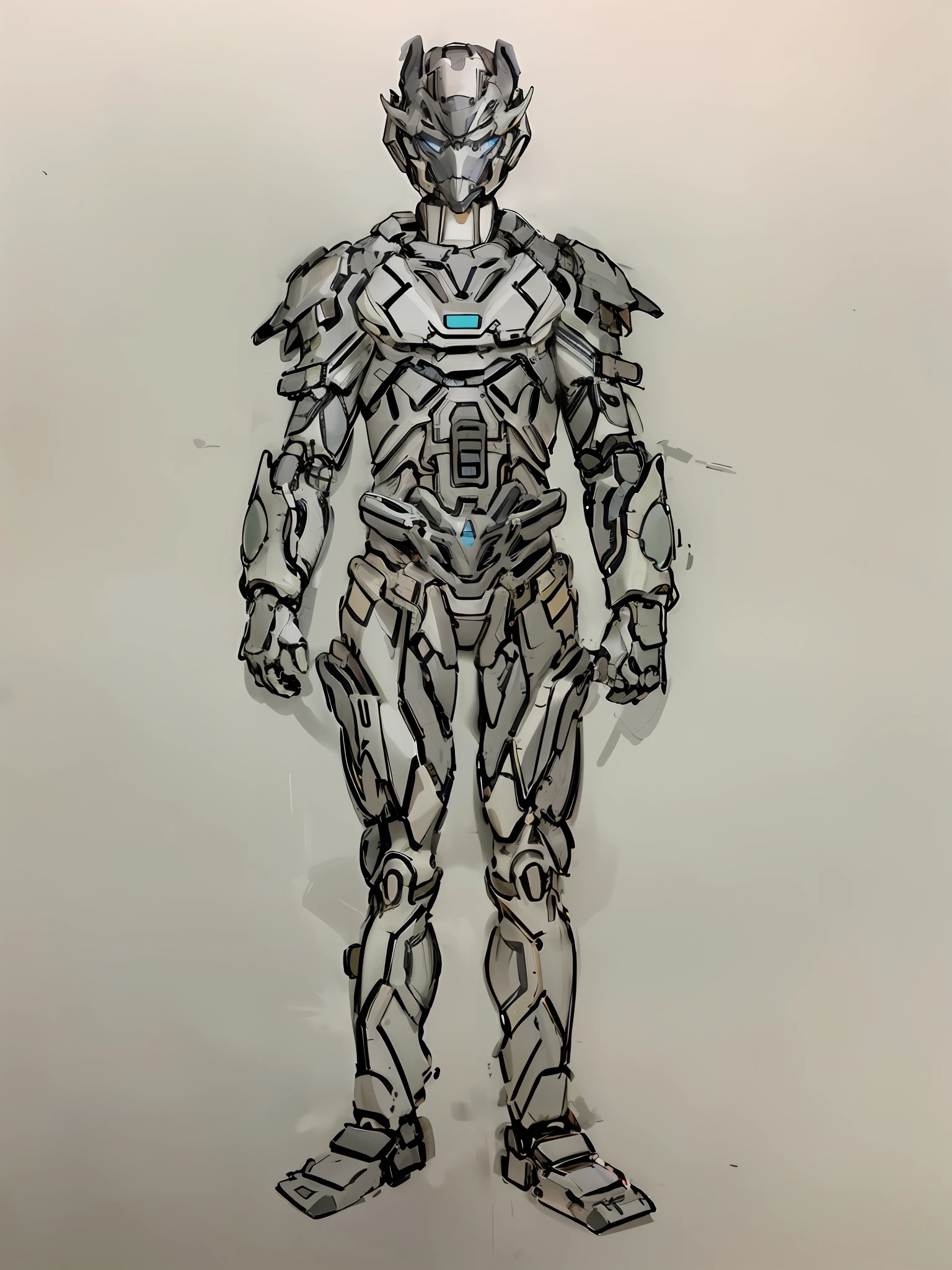 Drawing of a robot with a helmet and a body made of metal, detailed full-body concept, full body concept, Concept armor, new costume concept design, sci fi character concept, Humanoid form, Mecha Inspiration, intricate assasin mecha armor, detailed humanoid, sci - fi character, armour merging with body, intricate mecha armor