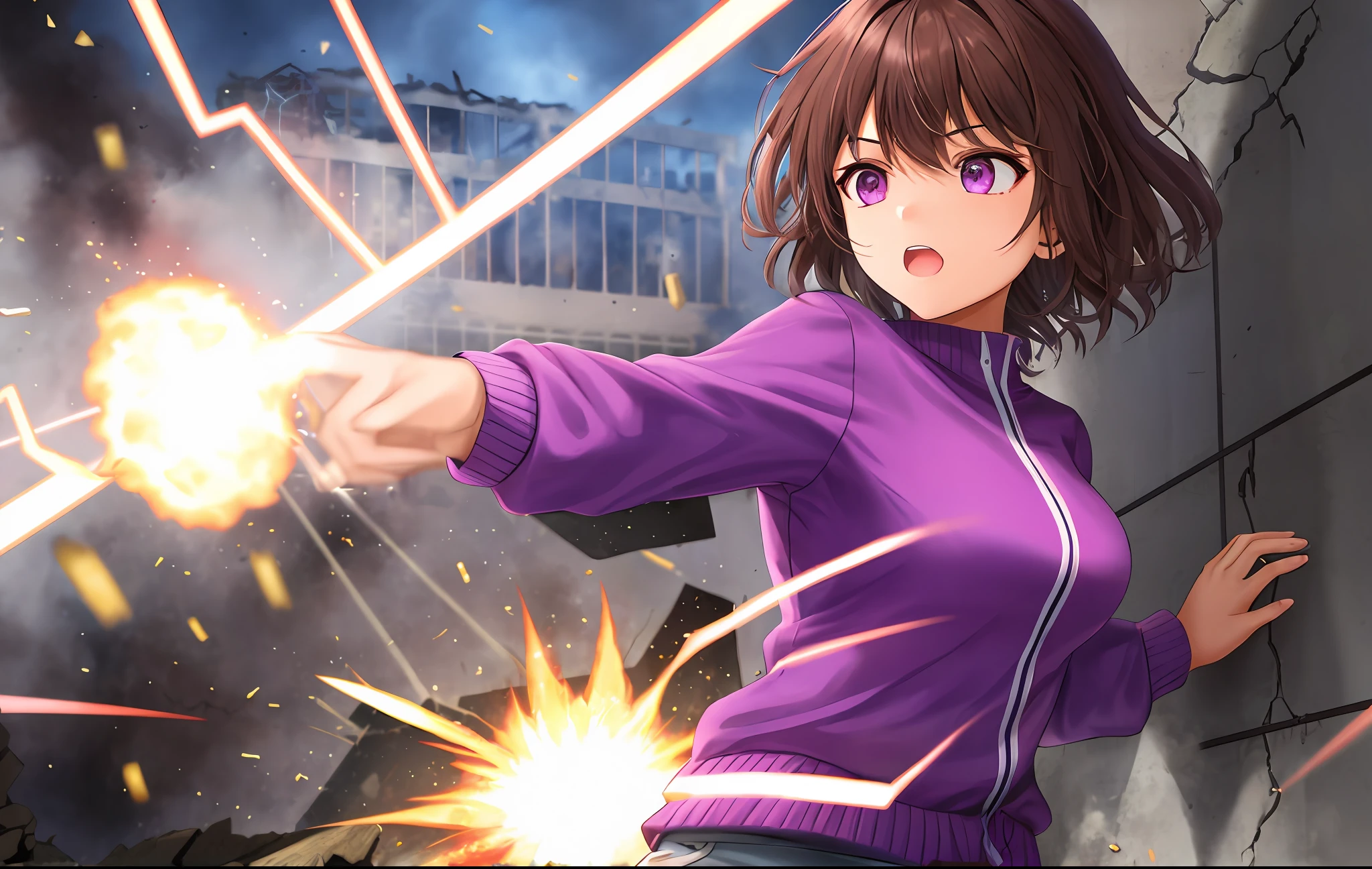 A brown girl with short purple hair, wearing purple clothes, throws a bolt of pink electricity that is coming out of her hands to break the wall of a burning building