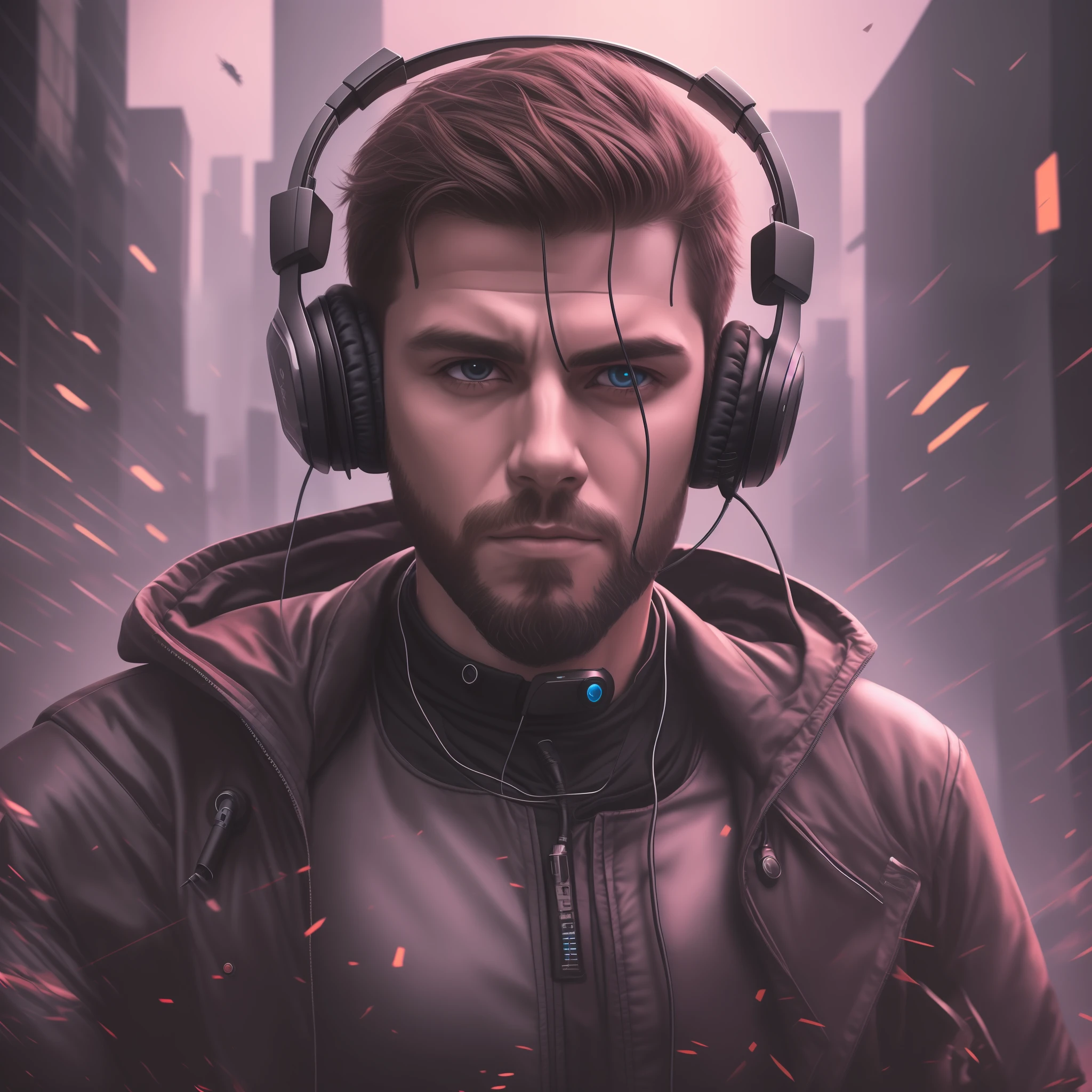 Fotografia do rosto de Homem musculoso usando headset. Chaotic scenario. raios. Arte estilo cyberpunk. Cyberpunk setting.