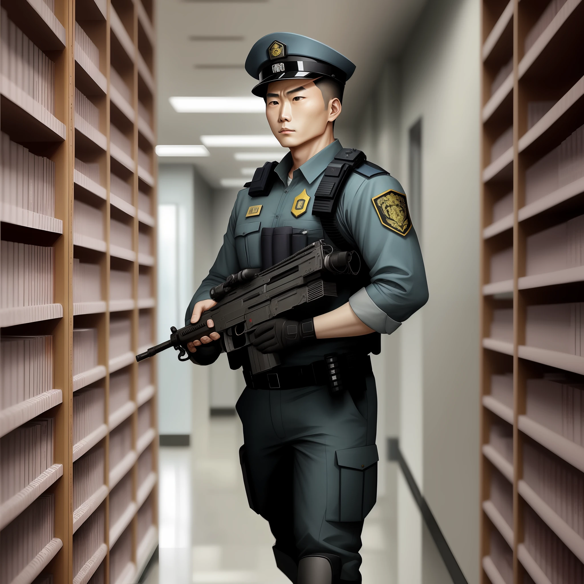 A Chinese SWAT officer, Patrol the library, anime style