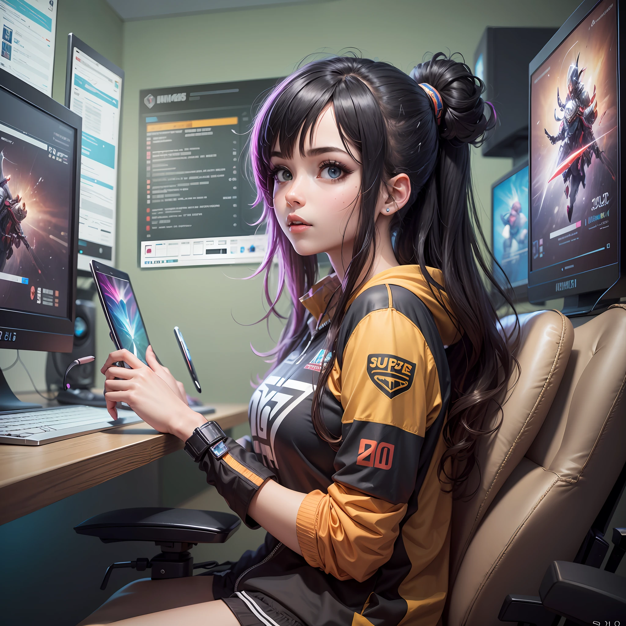Melhor qualidade: 1.0), (super high res: 1.0), Anime girl cabelo preto curto, olhos azuis, sentado na frente do computador jogando jogos, fundo na sala de esports, --auto --s2