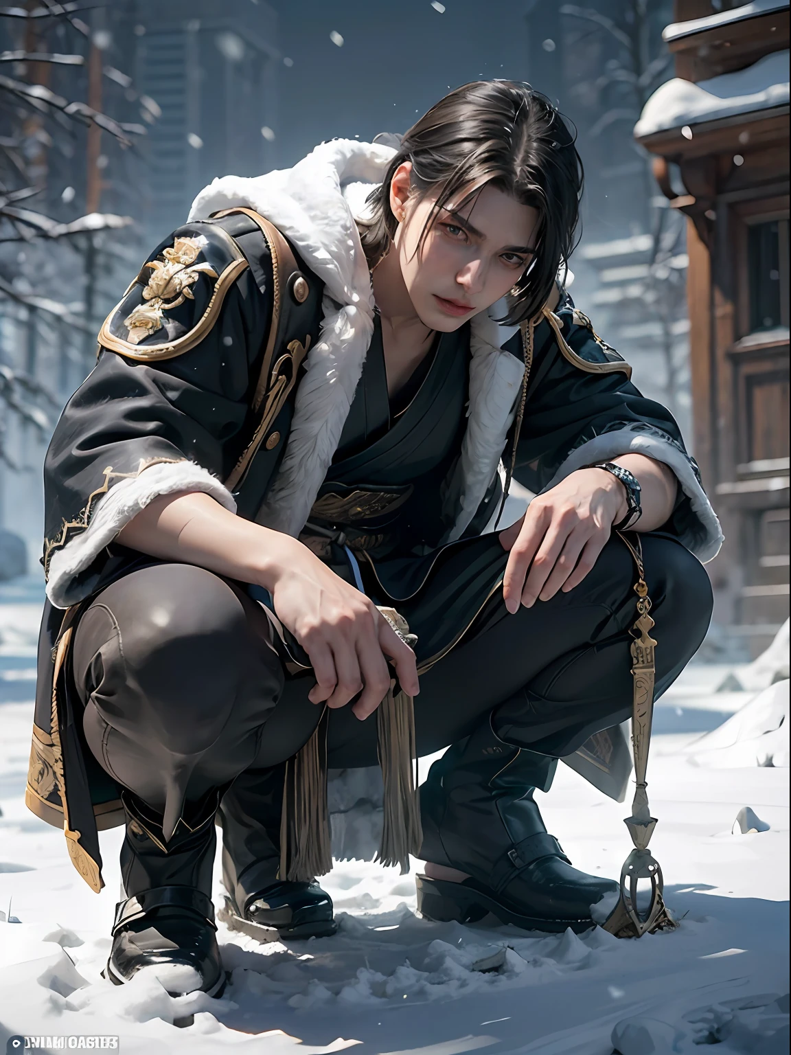 (More than half body), 1man, king of Frost, solo focus, adult, pale and young adult face, short black hair, black silk robe, realistic, dynamic pose realistic, detailed and correct facial structure, snow falling, squat down on snow land, slightly smirk, blades ornaments, frost mountain, LEON S. KENNEDY, handsome, attractive, slightly muscular, cinematic lighting, unreal engine, trending on ArtStation, intricate details,  masterpiece, best quality, by Irakli Nadar, Greg Rutkowski，(((best quality))),(((ultra detailed))),(((masterpiece)))